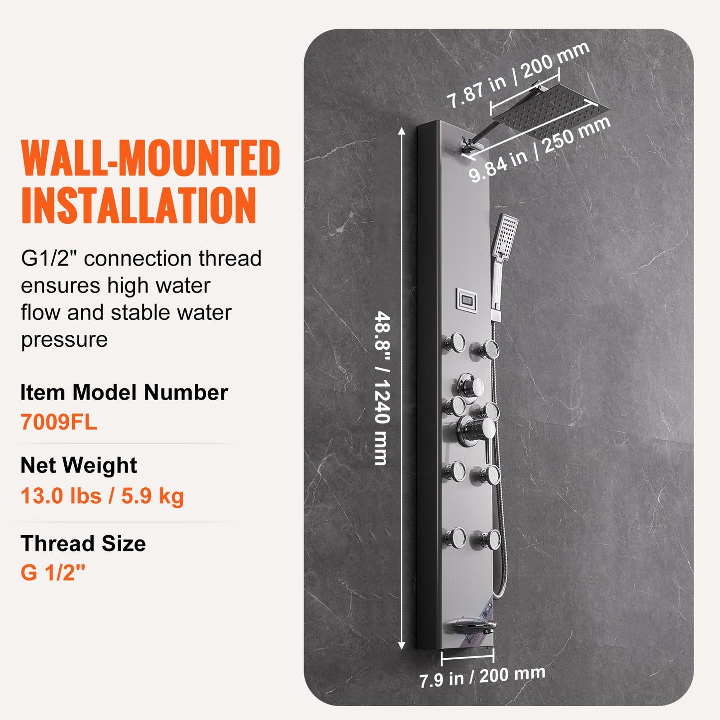 Shower Panel System, 6 Shower Modes, Digital Display Shower Panel Tower, Rainfall, 8 Massage Jets, Tub Spout, 3-Setting Handheld Shower Head 59" Hose, Stainless Steel Wall-Mounted Shower Set