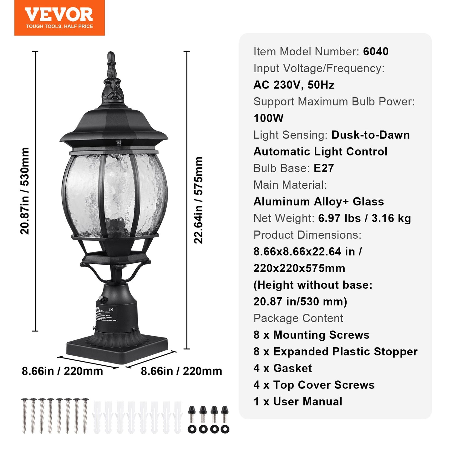 2 Pack Dusk to Dawn Outdoor Post Light, 530 mm, Waterproof Lamp Post Light Fixtures with 3.5 in Pier Mount Base Glass Shade, Lightning-proof Exterior Pole Column Light for Patio Garden Pathway