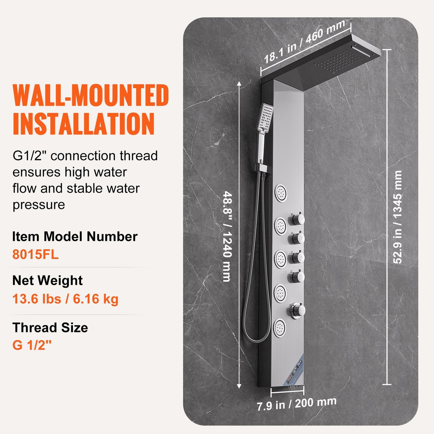 Duschpanelsystem, 4 duschlägen Duschpaneltorn, Regn, Vattenfall, 5 helkroppsmassagestrålar och handhållet duschmunstycke med 3 lägen och 59" slang, väggmonterat duschset i rostfritt stål
