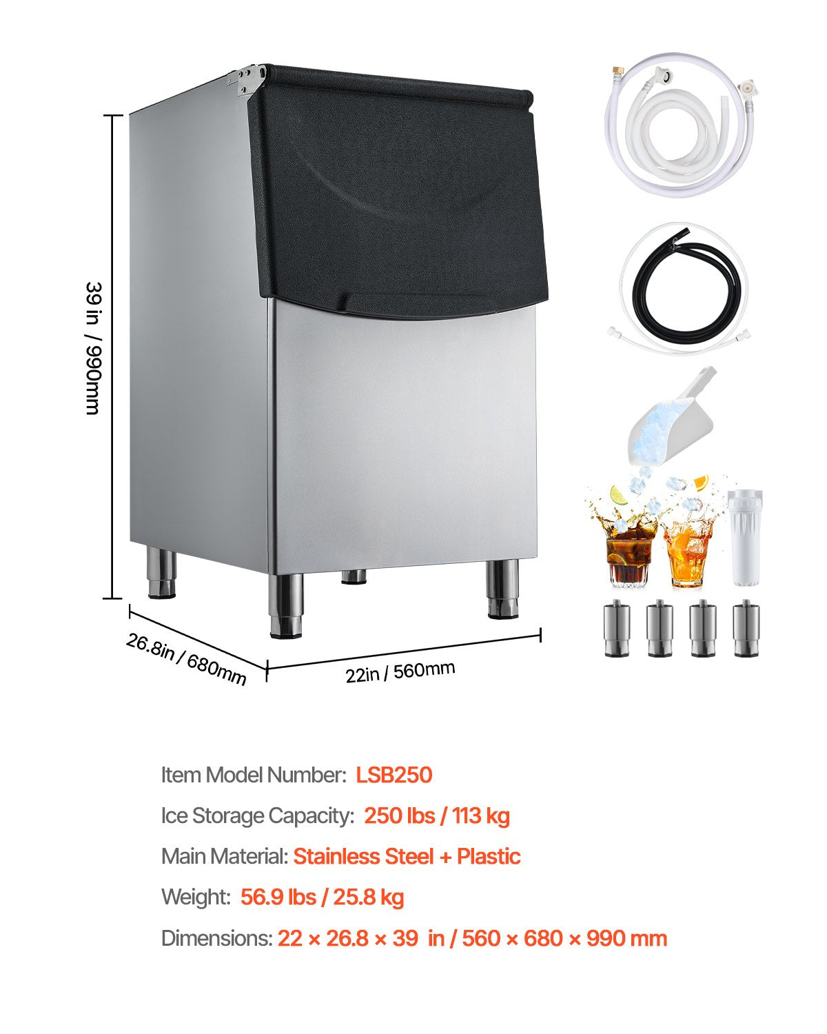 Commercial Ice Maker Storage Bin, 113 KG Capacity Ice-Bin, Stainless Steel Commercial Ice Storage Bin with Adjustable Anti-slip Rubber Feet, Suitable for Restaurant Hotel and Beverage Shops