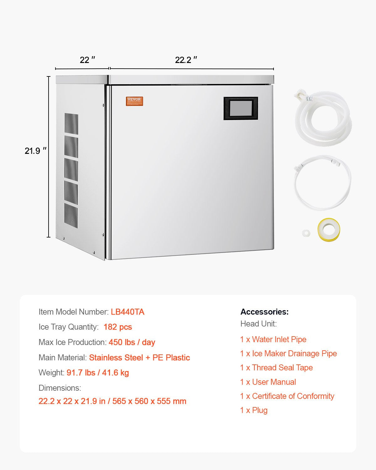 Kommersiell ismaskin 180 kg/dag, 56 cm industriell ismaskin i rostfritt stål, självrengörande och schemalagd istillverkning, modulär iskubsmaskin för restauranghotell - endast huvud