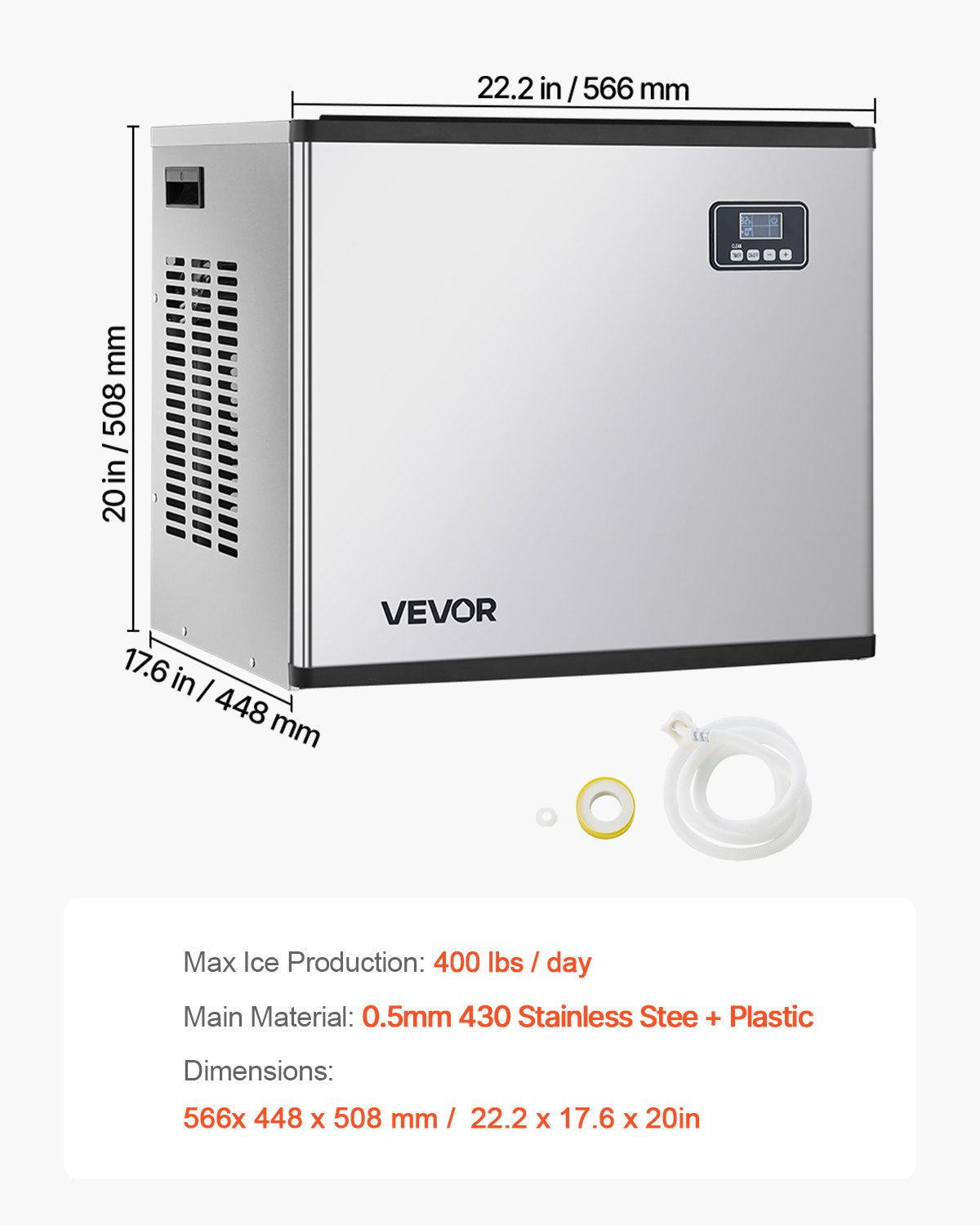 Commercial Ice Maker Machine - Head, 181.4 kg/Day Stainless Steel Ice Machine with Self-Cleaning, Scheduled Ice-Making, Adjustable Thickness, Ideal for Restaurant Bar Cafe Hotel - Head Only