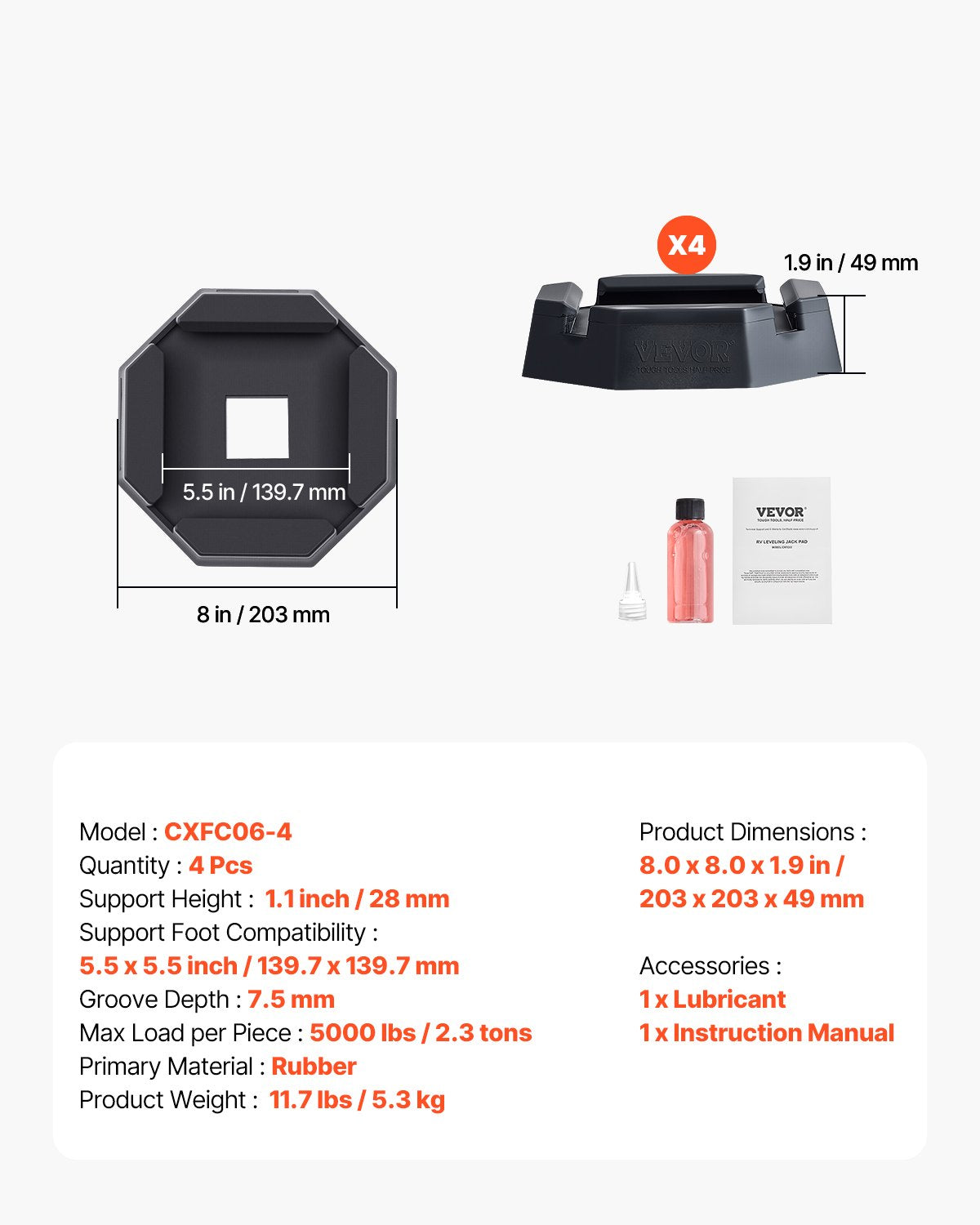 Nivelleringsplattor för husbilar, 4-pack gummikuddar för domkrafter, vardera med en kapacitet på 5000 lbs, stabiliseringsplatta för domkrafter med stor yta, lämplig för 5,5" fyrkantiga domkrafter, 5:e hjulen för husbilar med klass A/C