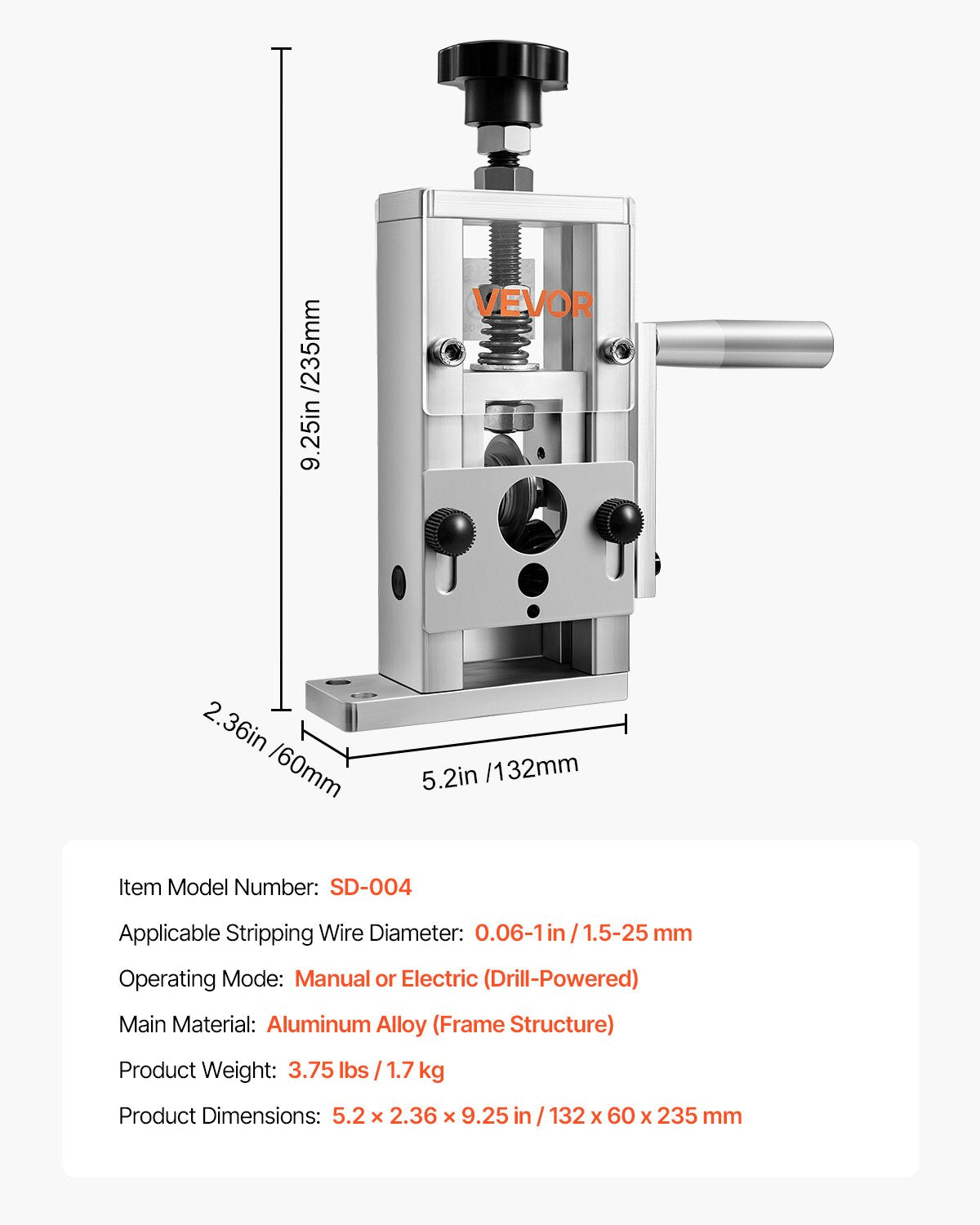 Manual Wire Stripper Stripping Machine 1,5-25 mm (0.06-1 in) Hand or Drill Powered