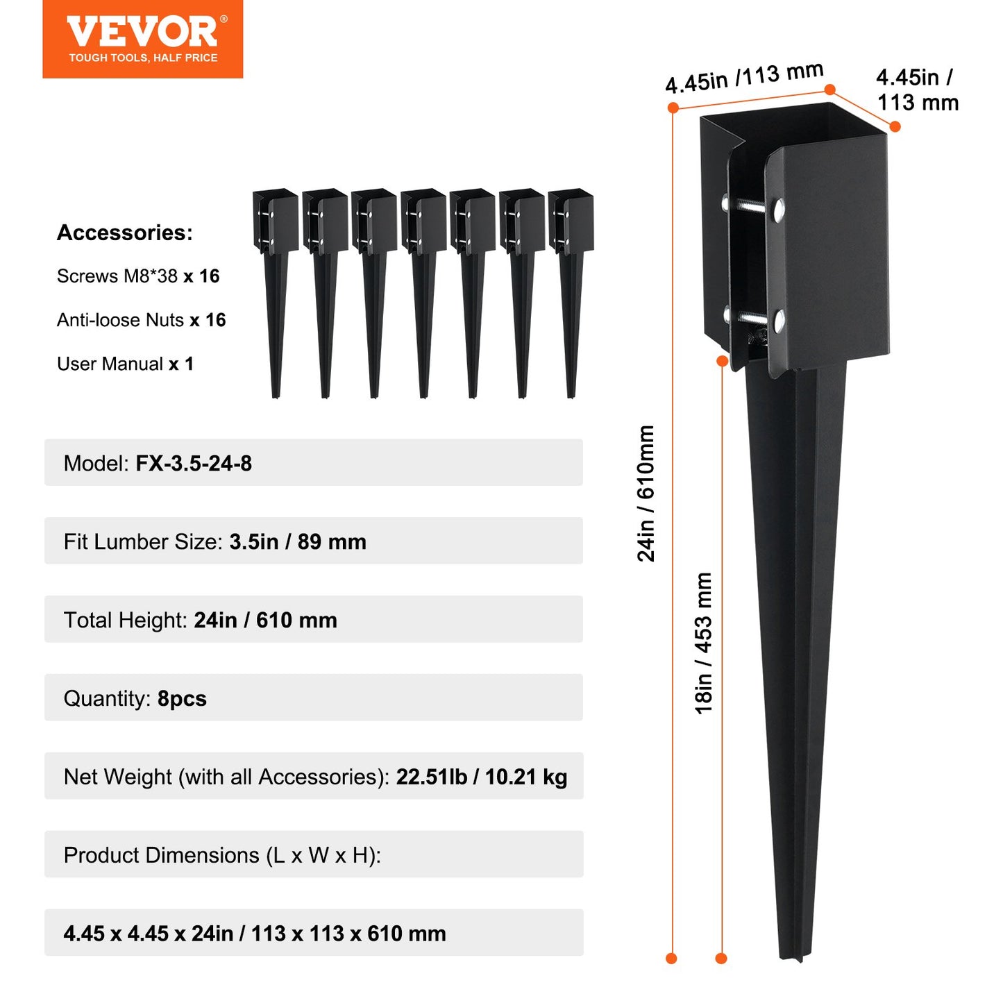 Fence Post Anchor Ground Spike, 8 Pack 24 x 4 x 4 Inches/61 x 10.2 x 10.2 cm Outer Diameter (Inner Diameter 3.5 x3.5 Inches/ 8.9 x 8.9 cm), Metal Black Powder Coated Post Stake Ground, for Mailbox Deck Garden Railing