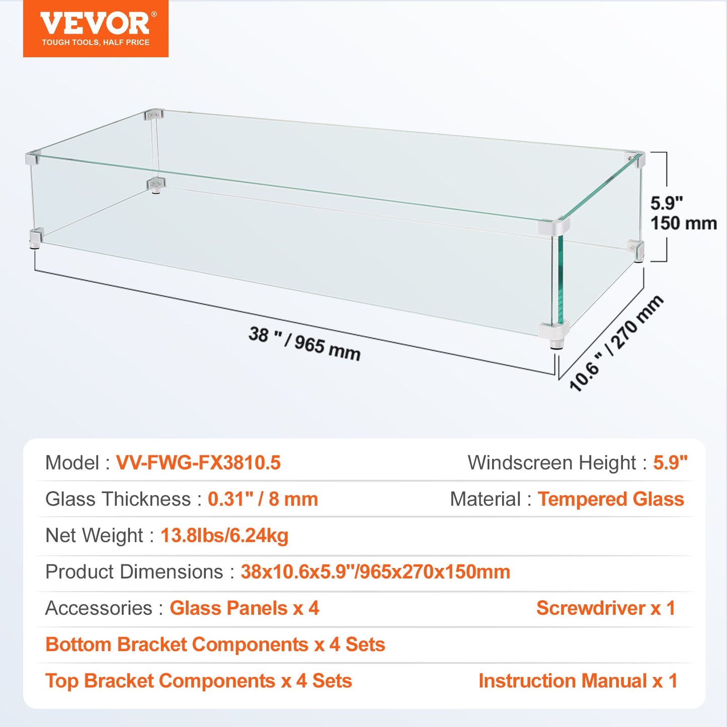 Fire Pit Wind Guard, 38 x 10.5 x 6 Inch Glass Wind Guard, Rectangular Glass Shield, 0.3\" Thick Fire Table, Clear Tempered Glass Flame Guard, Steady Feet Tree Pit Guard for Propane, Gas, Outdoor