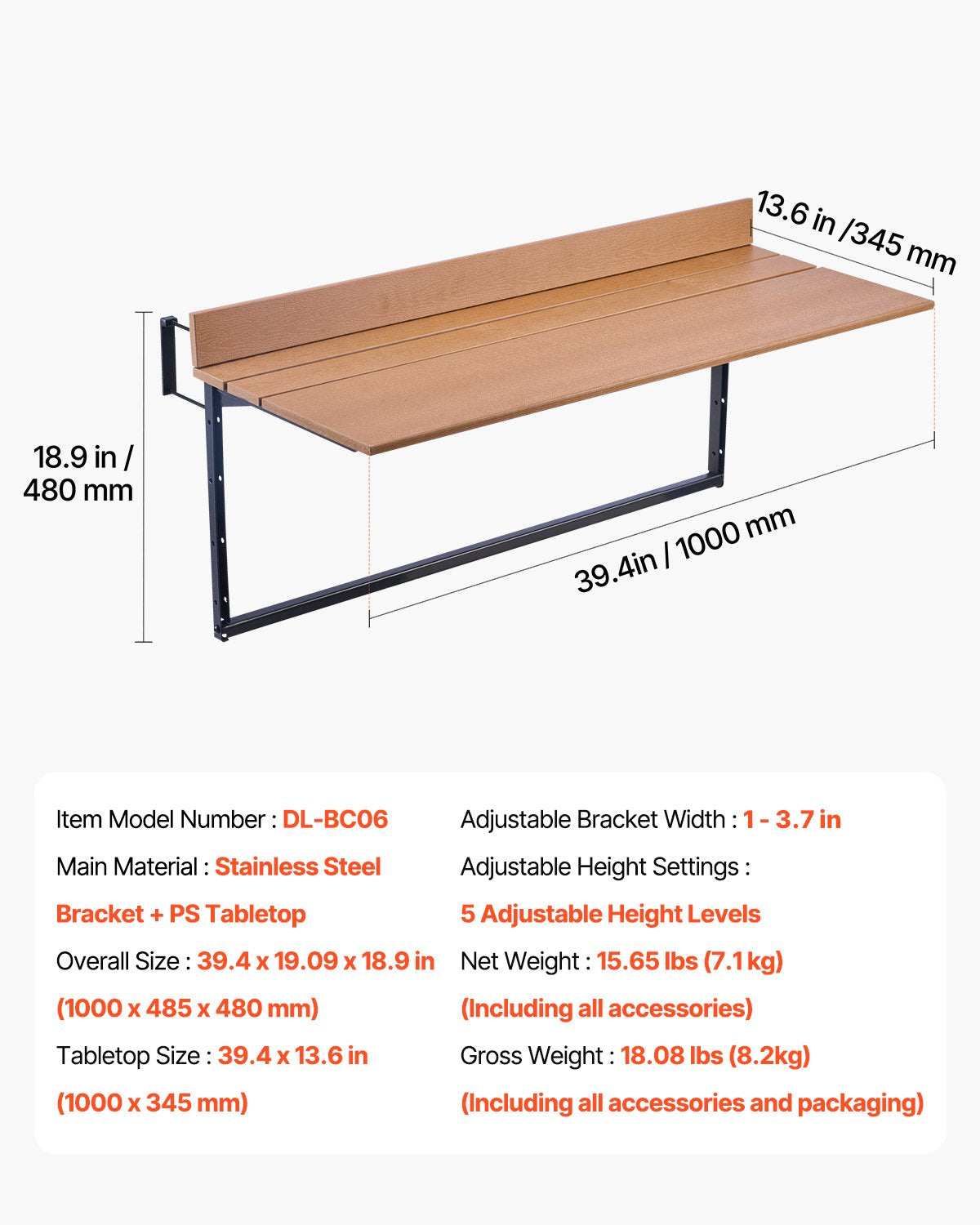 Balcony Hanging Table, 15 x 39 in Folding Balcony Railing Table, Outdoor Balcony Bar Table for Railings, 5-Level Adjustable, Fit Railing from 1" to 5.3", Serving Table for Patio & Deck