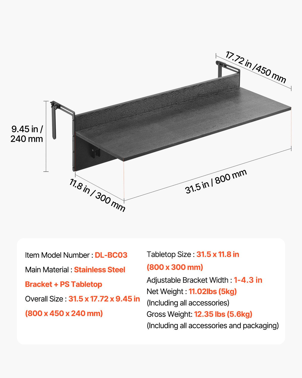 Balcony Hanging Table, 12 x 32 in Folding Balcony Railing Table, Outdoor Balcony Bar Table for Railings, 50 lbs Loading, Fit Railing from 1" to 4.3", Serving Table for Patio & Deck
