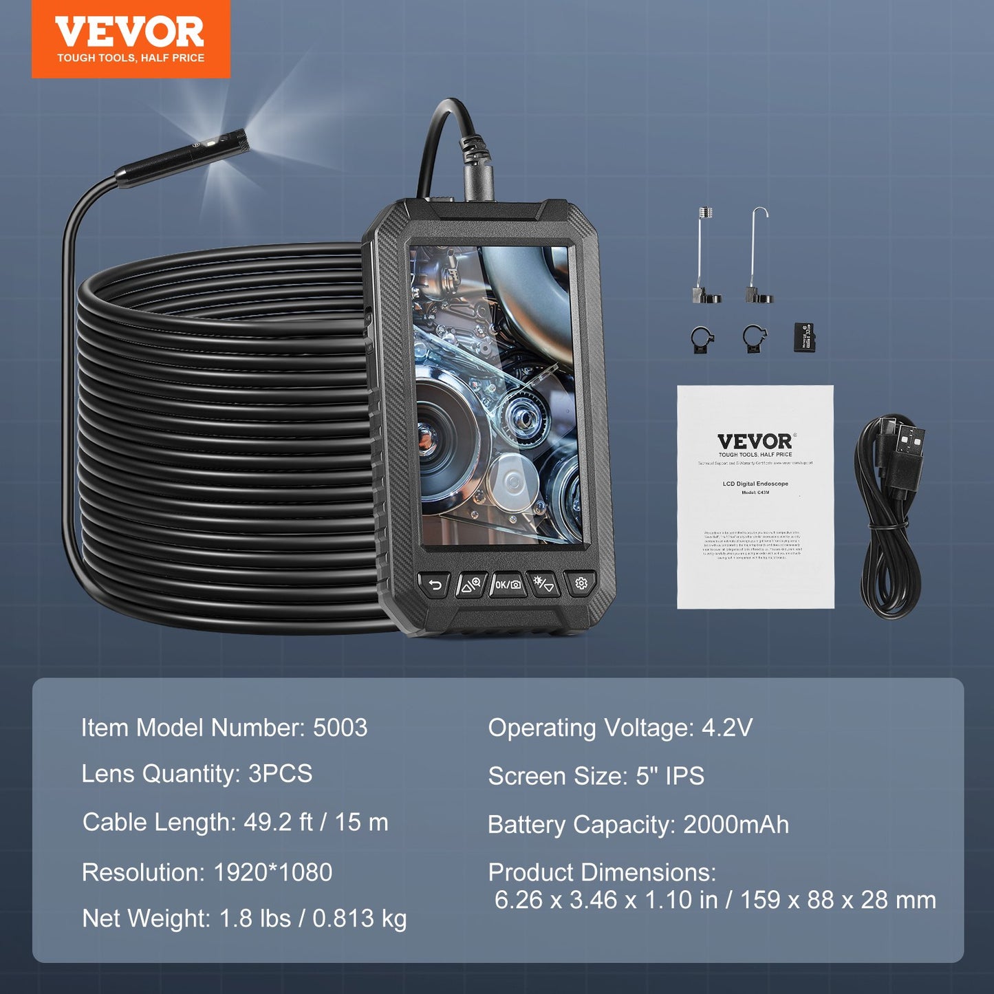 Endoscope Camera with Lights Triple Lens Borescope 1499.6 cm Cable 12.7 cm Screen
