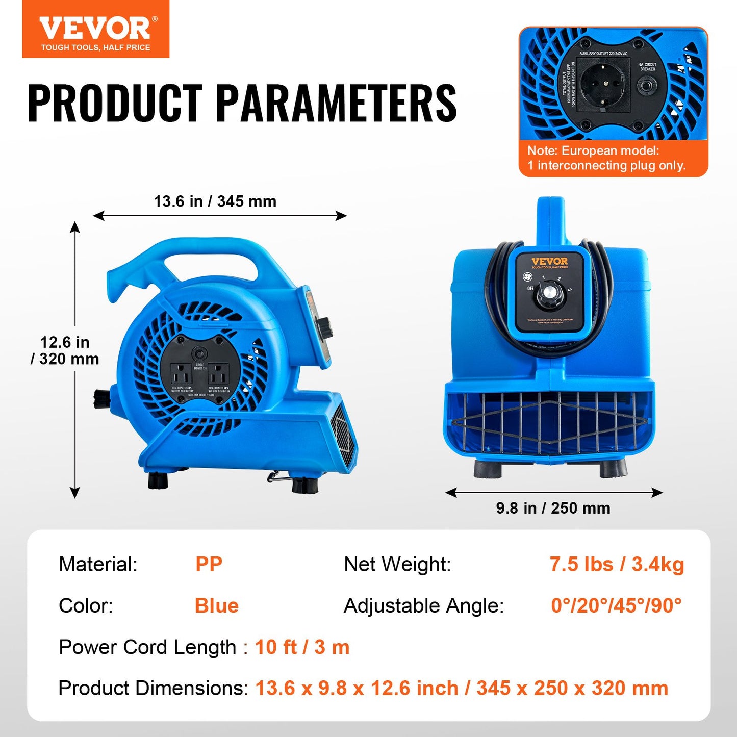 Floor Blower, 1360 RPM 600 CFM, Air Mover for Drying and Cooling, Portable Carpet Dryer Fan with 4 Blowing Angles,3-Speeds Adjustment, for Janitorial, Home, Plumbing, Commercial Use