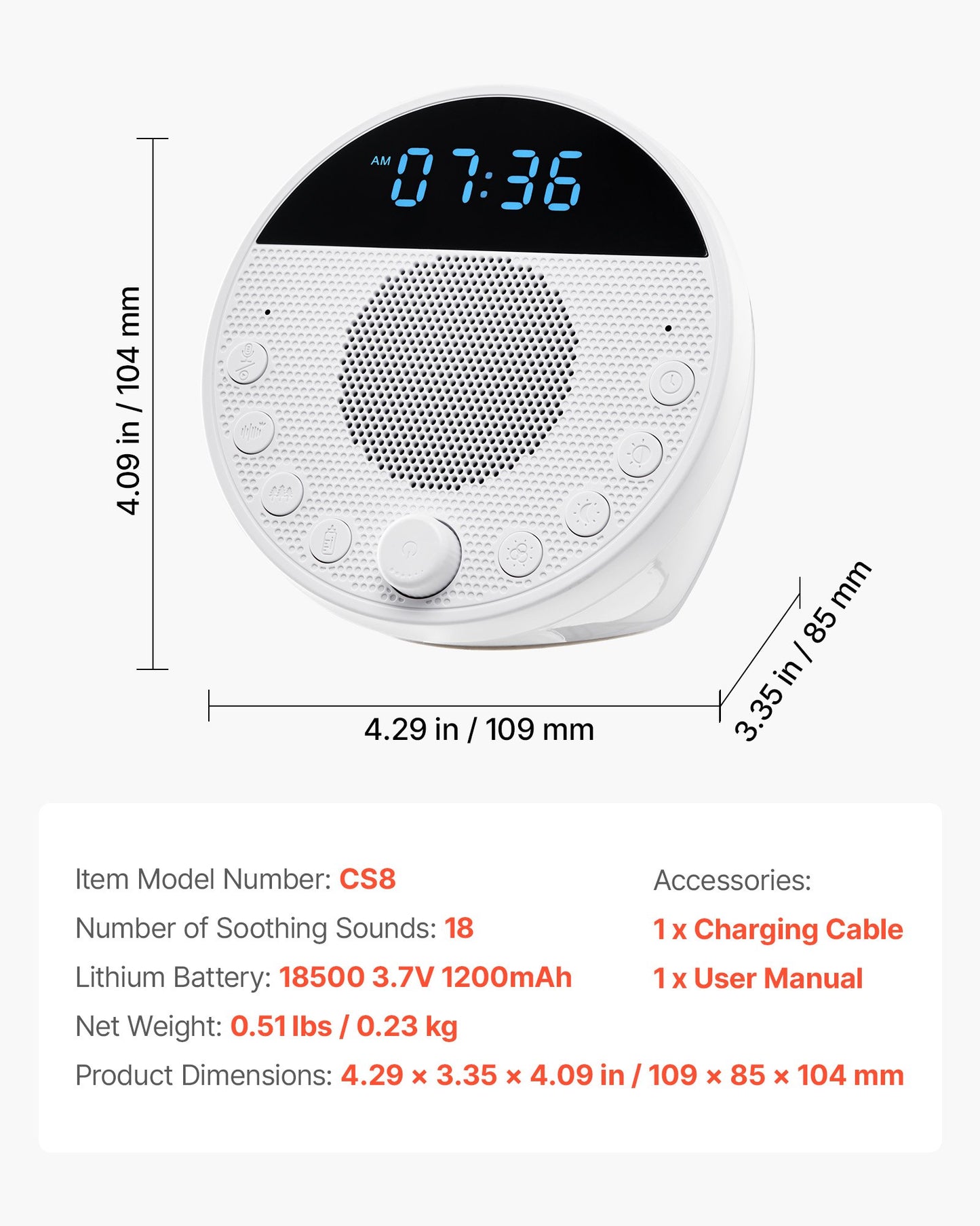 Sound Machine, 18 Soothing Sleep Sounds and 7-Color Night Light, 5-in-1 White Noise Sound Machine with Dual Alarms, Auto-Off Timer and Memory Function, for Baby, Adults, Home, Office & Travel