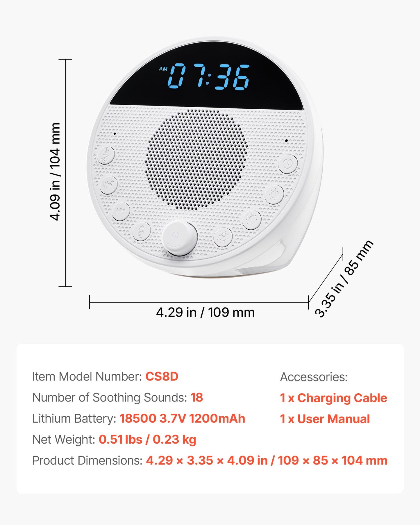 Sound Machine, 18 Soothing Sleep Sounds, 7-Color Night Light, 6-in-1 White Noise Sound Machine with Dual Alarms, APP, Auto-Off Timer and Memory Function, for Baby, Adults, Home, Office & Travel
