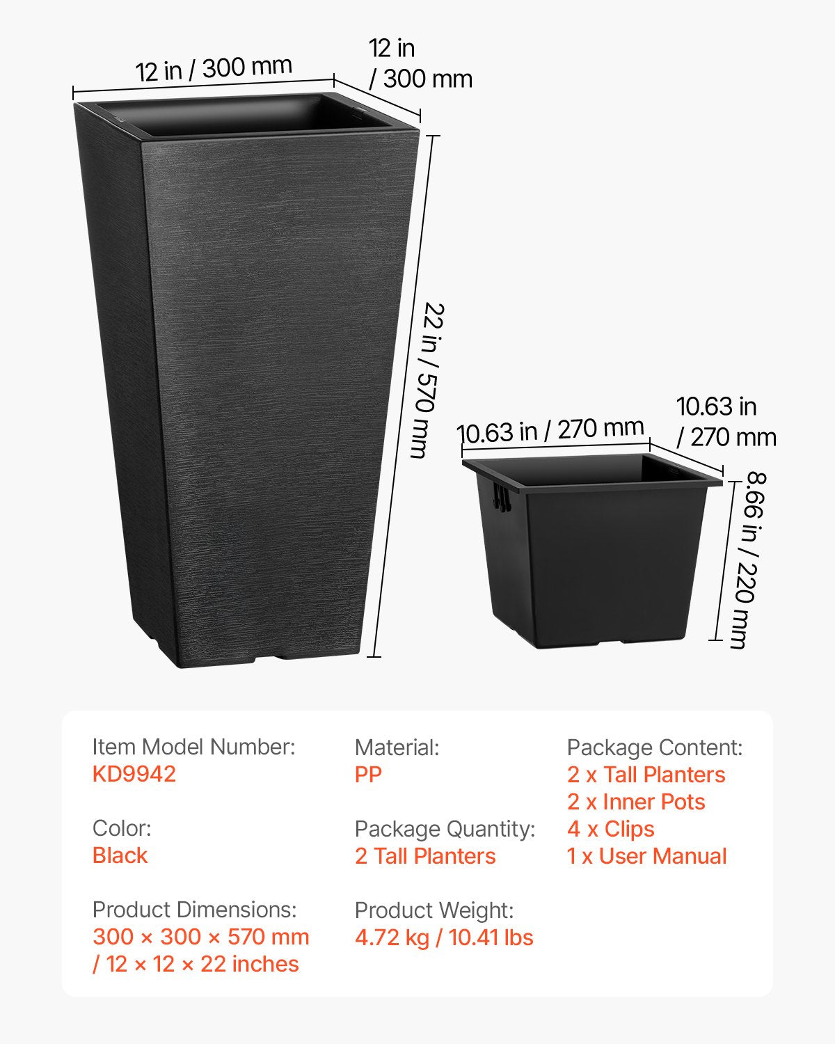Set med 2 höga utomhuskrukor, 22 tum, stora krukor för utomhus- och inomhusväxter, svarta avsmalnande fyrkantiga krukor för veranda, blomträdskrukor med modern design och inbyggd dränering