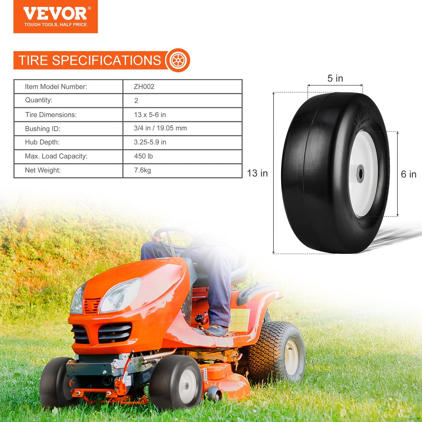 Lawn Mower Tires with Rim, 13x5-6" Tubeless Tractor Tires, 2-Pack Tire and Wheel Assembly, Flat-free PU Tires, 3.25"-5.9" Centered Hub, 3/4" Bushing Size, 20 PCS Adapter for Lawn Mowers Tractors
