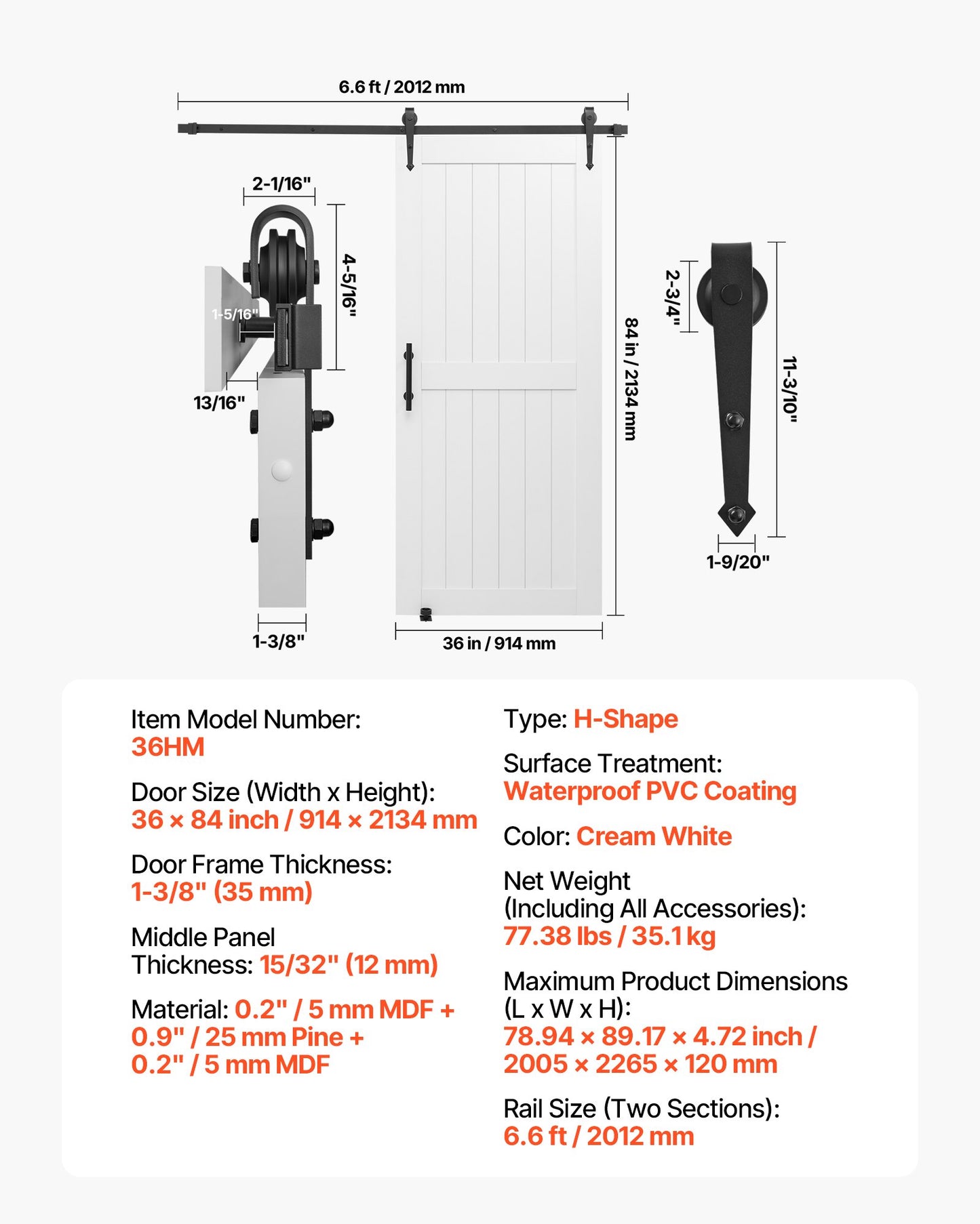 Skjutdörr i ladugård, 914 x 2134 mm, höghållfast MDF-panel, ladugårdsdörr med beslagssats, vattentät PVC-yta, enkel att installera, H-ram, smidig och tyst glidande för vardagsrum, badrum