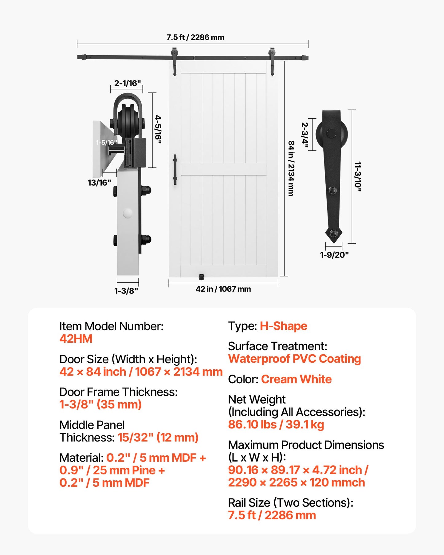 Sliding Barn Door, 1067 x 2134mm, High-Strength MDF Panel, Barn Door with Hardware Kit, Water-Proof PVC Surface, Easy to Install, H-Frame, Smoothly and Quietly Sliding for Living Room, Bathroom