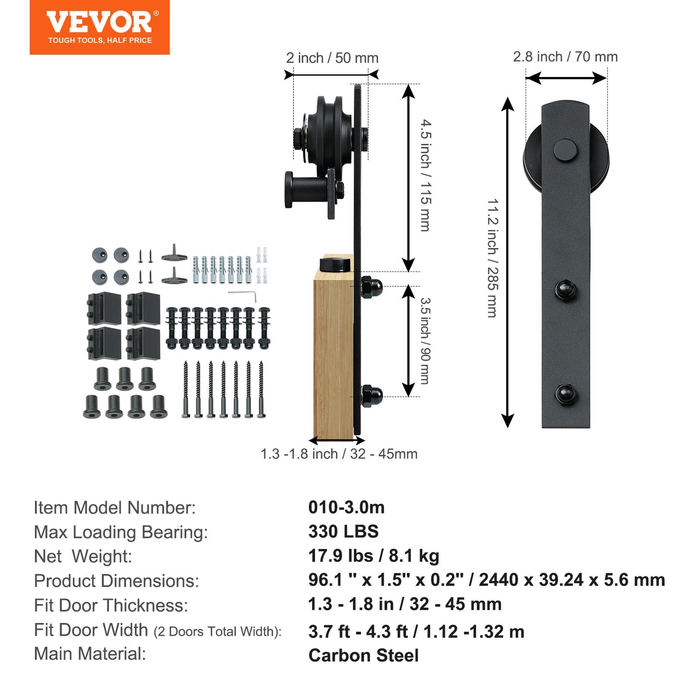 243.8 cm Sliding Barn Door Hardware Kit, 149.7 kg Heavy Duty Barn Door Track Kit for Double Doors, Fit 112-131 cm Total Width and 3.3-4.6 cm Thick 2 Door Panels, with Smooth & Silent Pulley (I Shape)