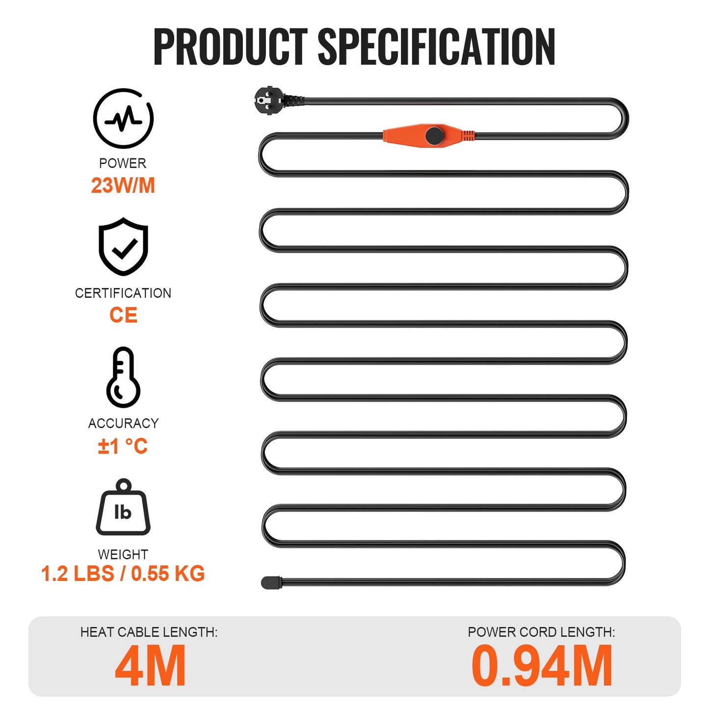 Rörvärmekabel, 4m 23W/m värmetejp för rör med inbyggd termostat, värmekabel för vattenrör skyddar PVC-slang, metall- och plaströr från frysning