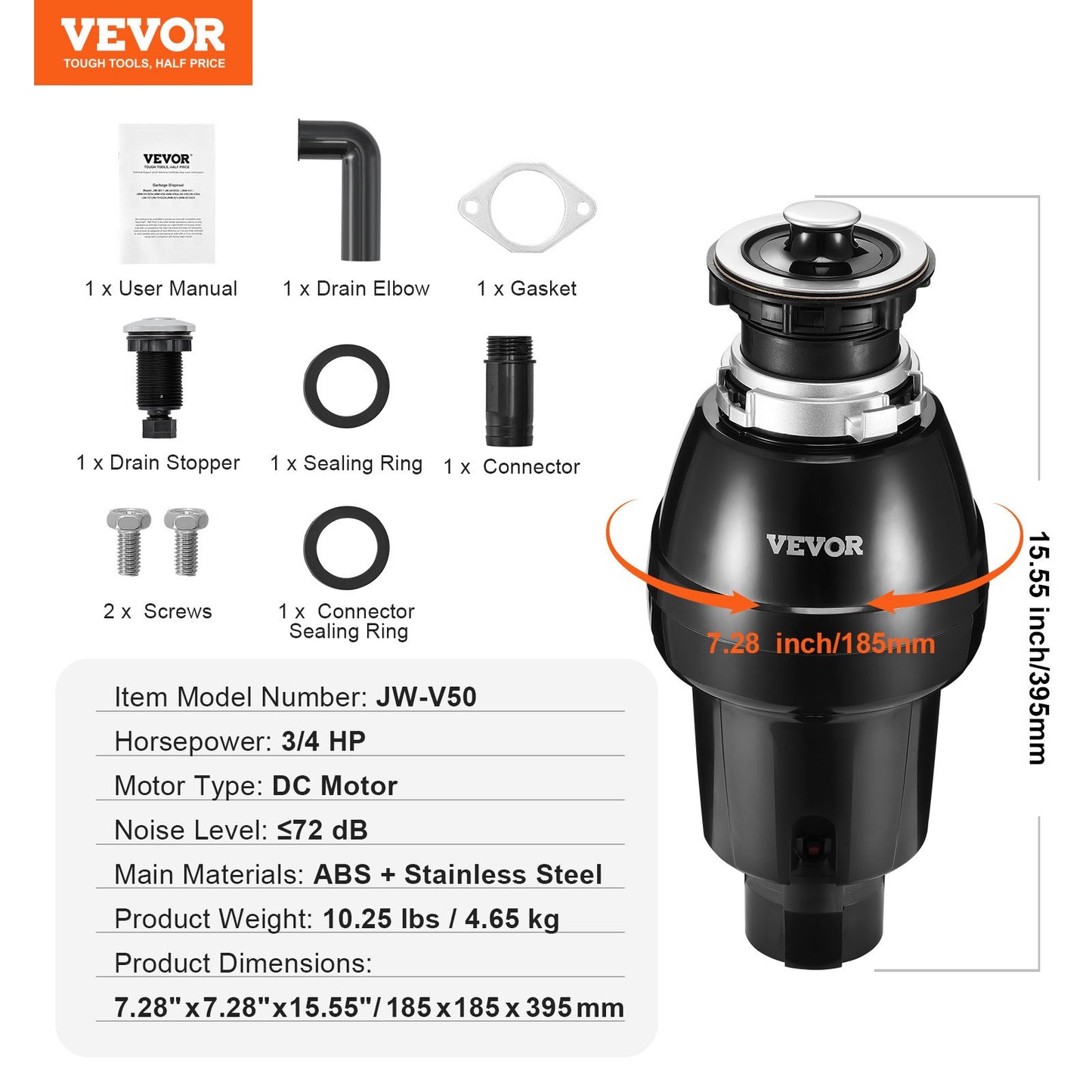 Garbage Disposal 3/4 HP Continuous Food Waste Disposer 3930 RPM EZ Connect