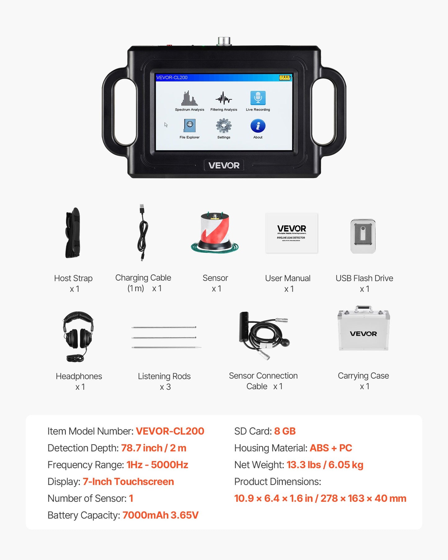 Pipe Water Leak Detector, 1Hz-5000Hz, LCD Touchscreen Pipeline Leakage Detection Locator for 2m Underground Plumbing – with Sensor, 3 Listening Rods, Headphones, 8GB Card & Carry Case
