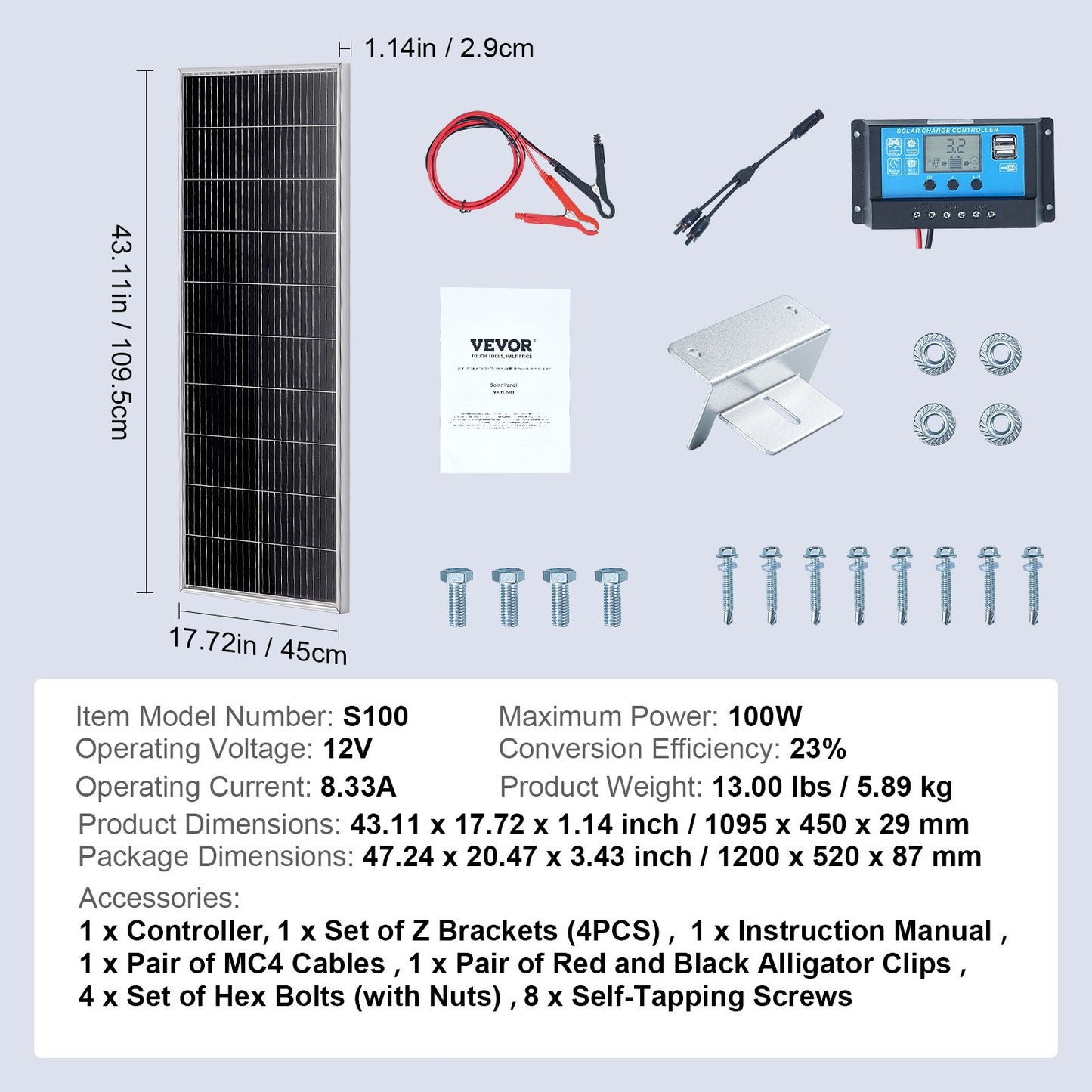100W Monocrystalline Solar Panel Kit, 12V Monocrystalline Solar Panel + Charge Controller, 23% High-Efficiency Monocrystalline PV Module, IP68 Waterproof for RV, Boats, Camping, Off-Grid System