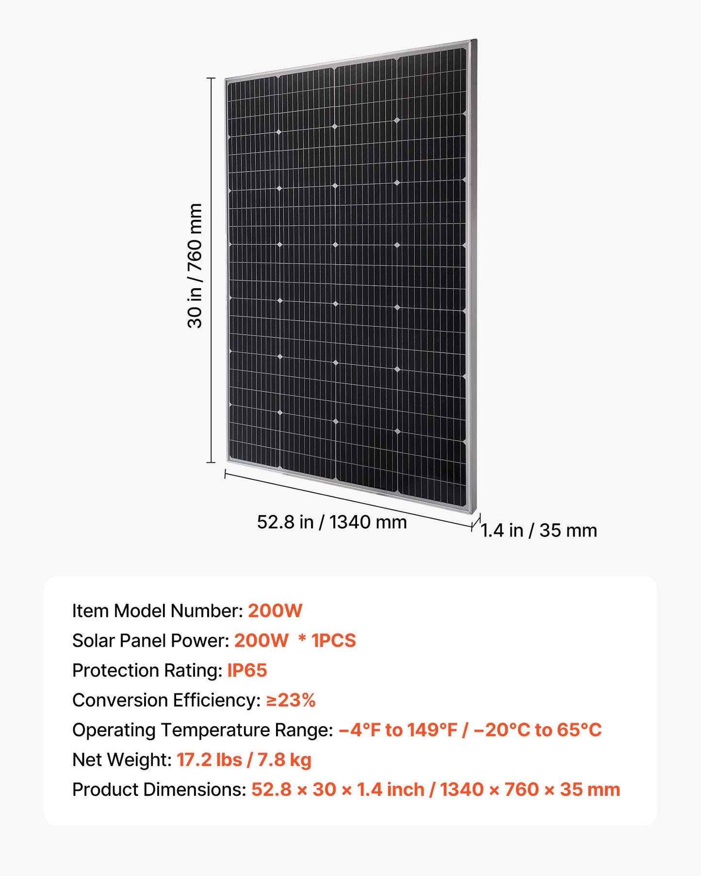 200W Monocrystalline Solar Panel, 23% High-Efficiency Mono PV Module with Stable MC4 Output & Aluminum Frame, IP65 Waterproof Solar Panel for Car Boat RV Flat Rooftop Off-Grid Applications