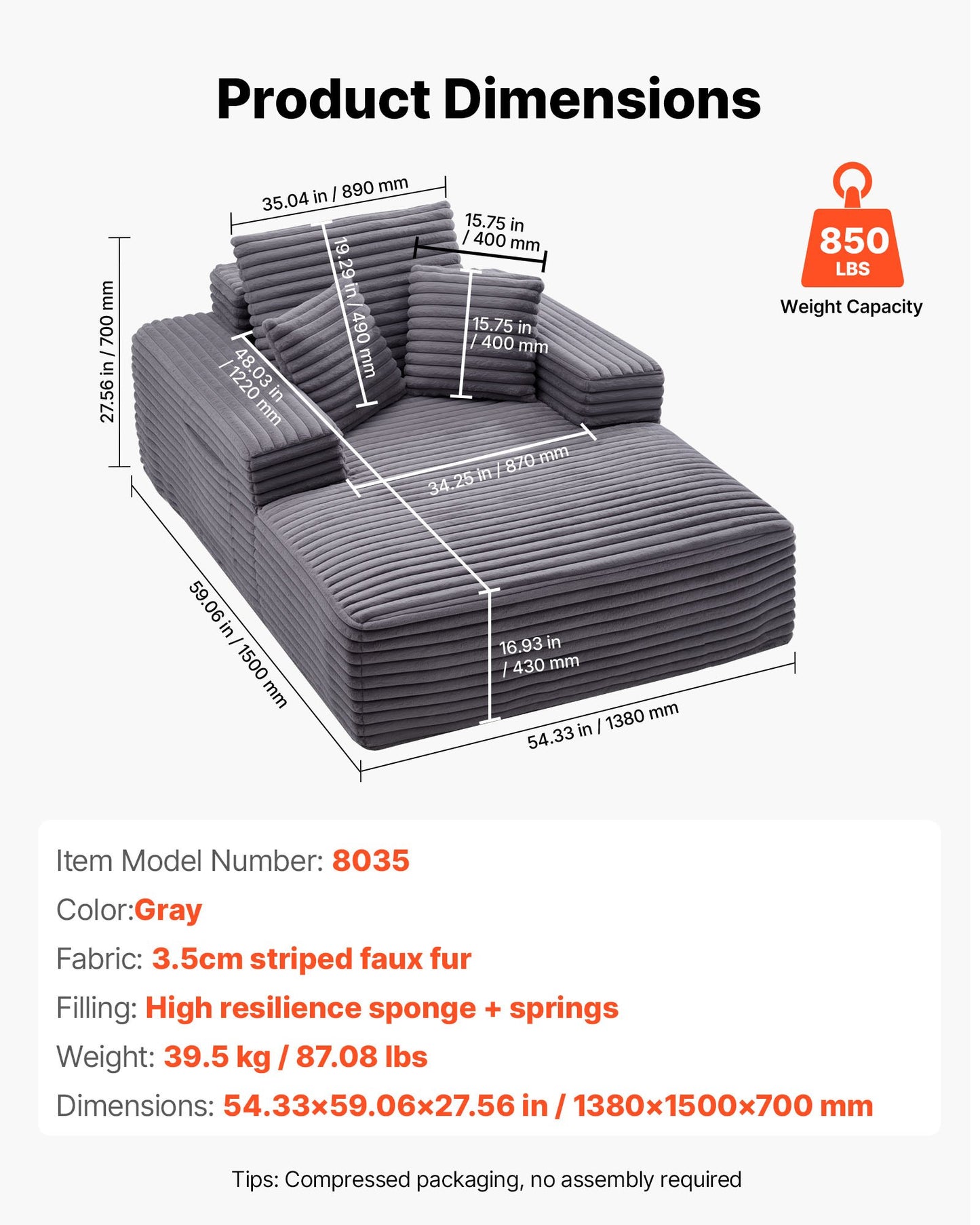 Schäslongfåtölj, 1380 mm benfri schäslong för inomhusbruk, modern klädd överdimensionerad läsfåtölj med kuddar och armstöd, soffa med djup sits för vardagsrum, sovrum, grå
