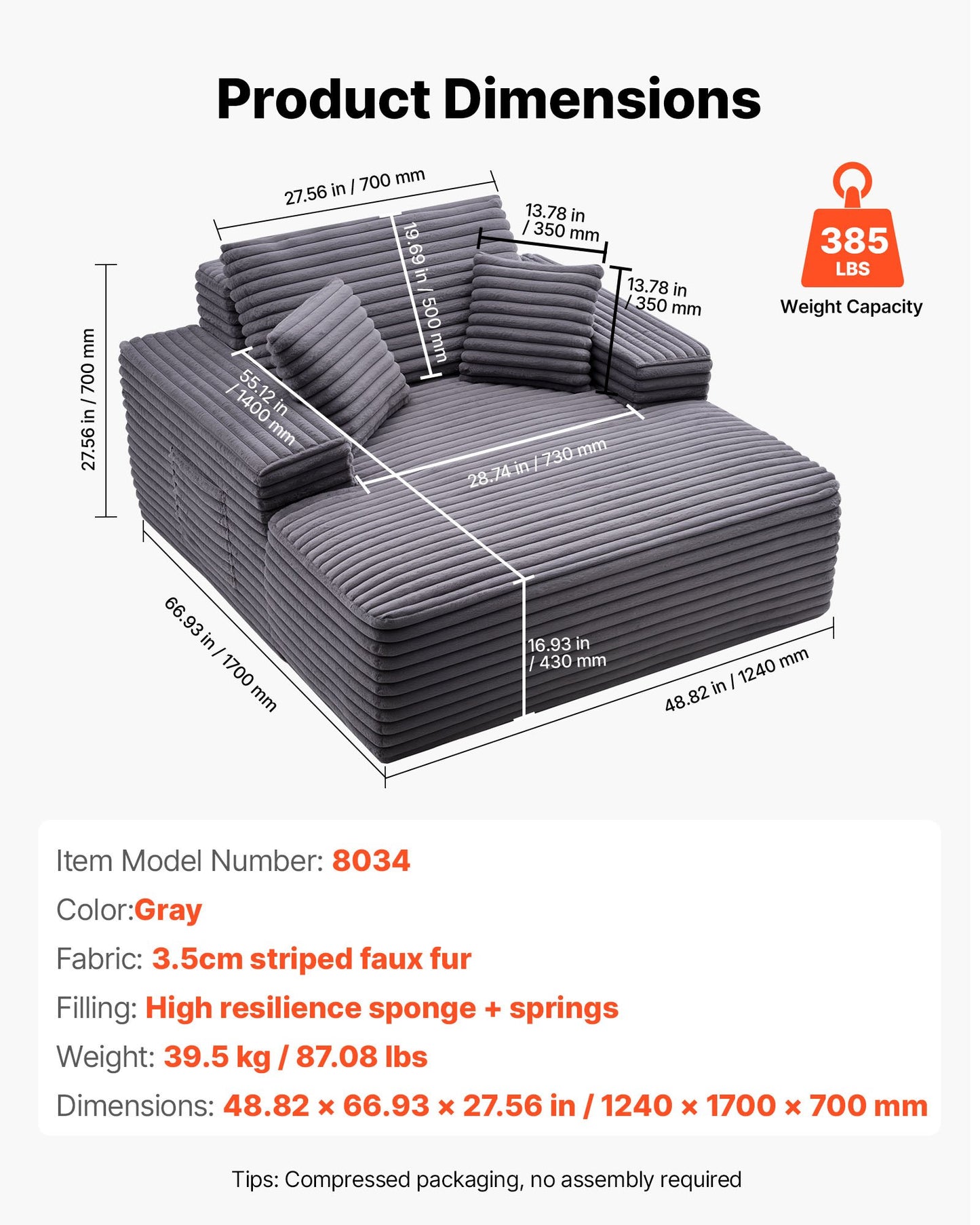 Schäslongfåtölj, 1240 mm benfri schäslong inomhus, modern klädd överdimensionerad läsfåtölj med kuddar och armstöd, soffa med djup sits för vardagsrum, sovrum, balkong