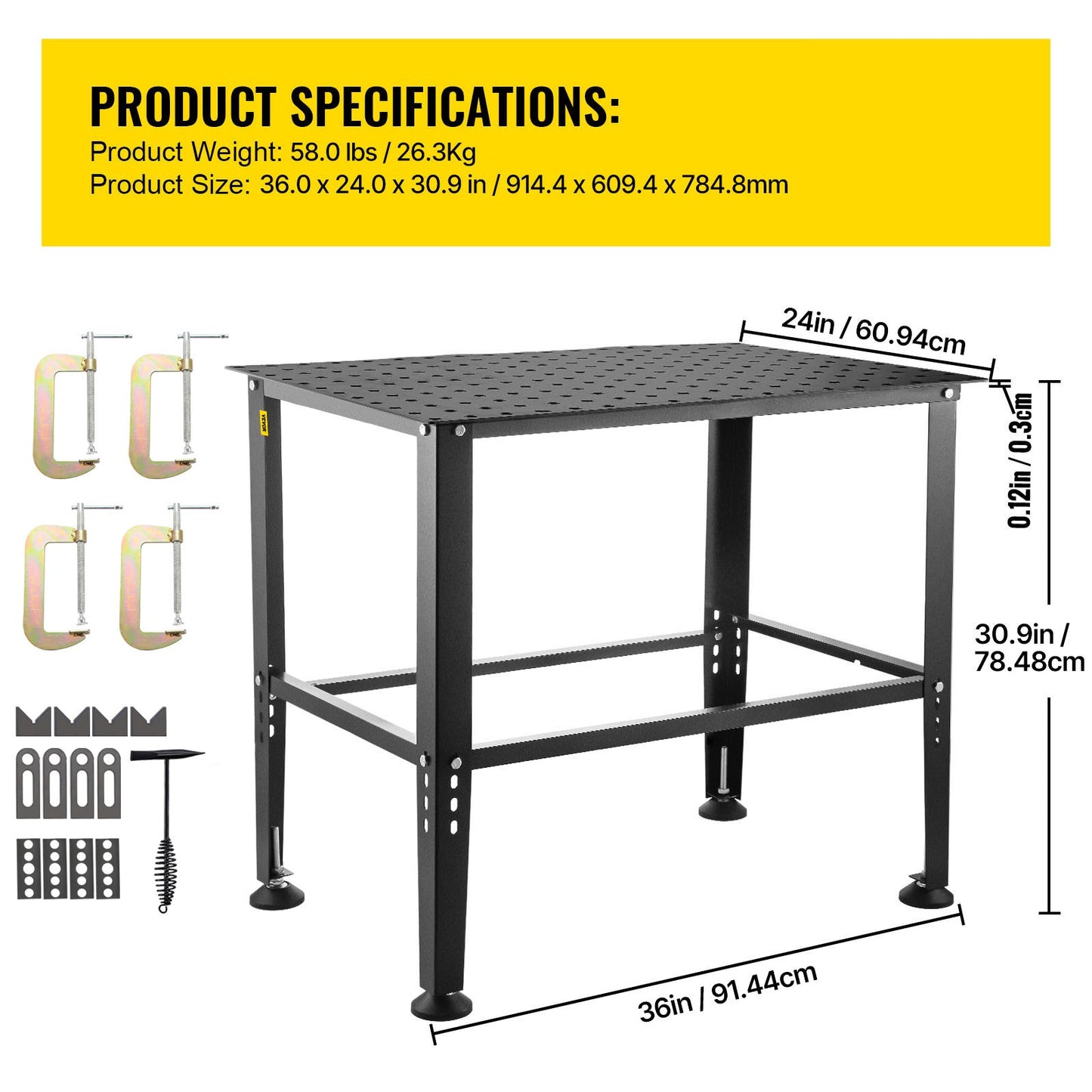 Welding Table 36" x 24", 800LBS Capacity Welding Workbench Table, Heavy-Duty Work Bench with 0.63" Fixture Holes and Non-slip Foot Pads for Welding Assembly Repair Works