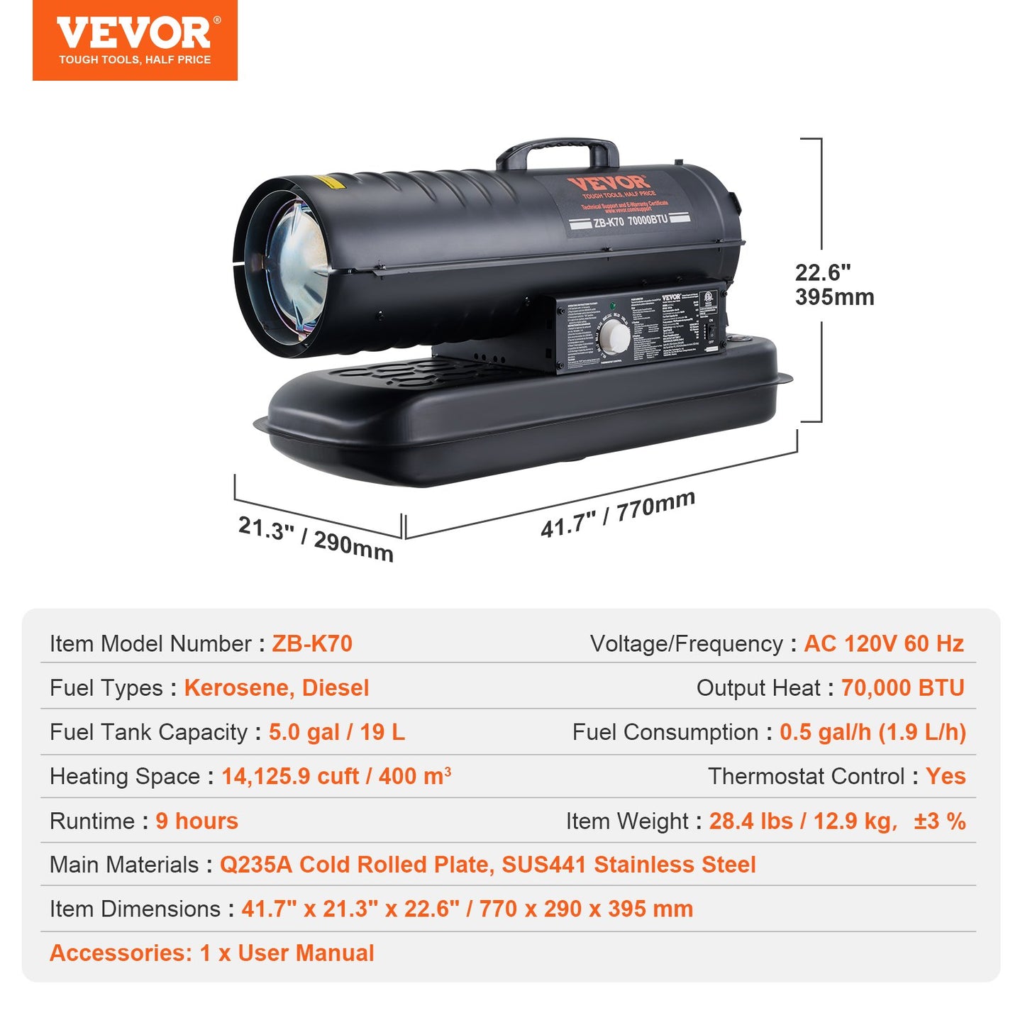 Kerosene/Diesel Forced Air Heater, 70000Btu Torpedo Space Heater, Portable with Thermostat Control,19L Tank Efficient Indoor/Outdoor Kerosene Heater For Home,Jobsite, industrial,Workshops,Black