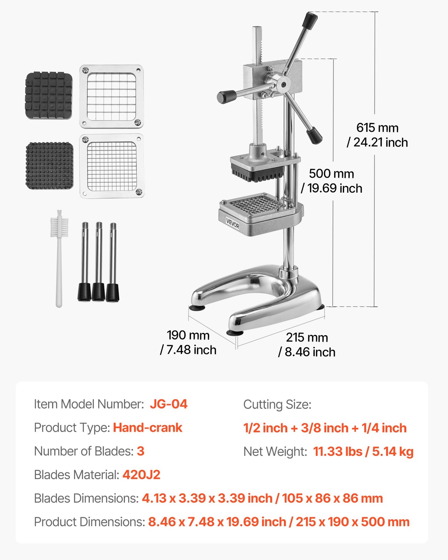 Kommersiell pommes frites-skärare, grönsaks- och frukthackare i rostfritt stål med 3 reservblad 12,7 mm 9,5 mm 6,4 mm, manuell potatisskärare för restauranger och hemmakök