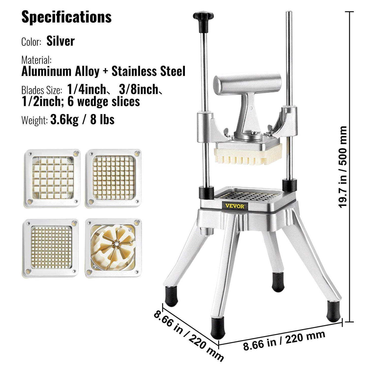 Commercial Vegetable Fruit Chopper, Stainless Steel French Fry Cutter with 4 Blades 1/4" 3/8" 1/2", 6-wedge Slicer, Chopper Dicer with Tray, Heavy Duty Cutter for Potato Tomato Onion Mushroom