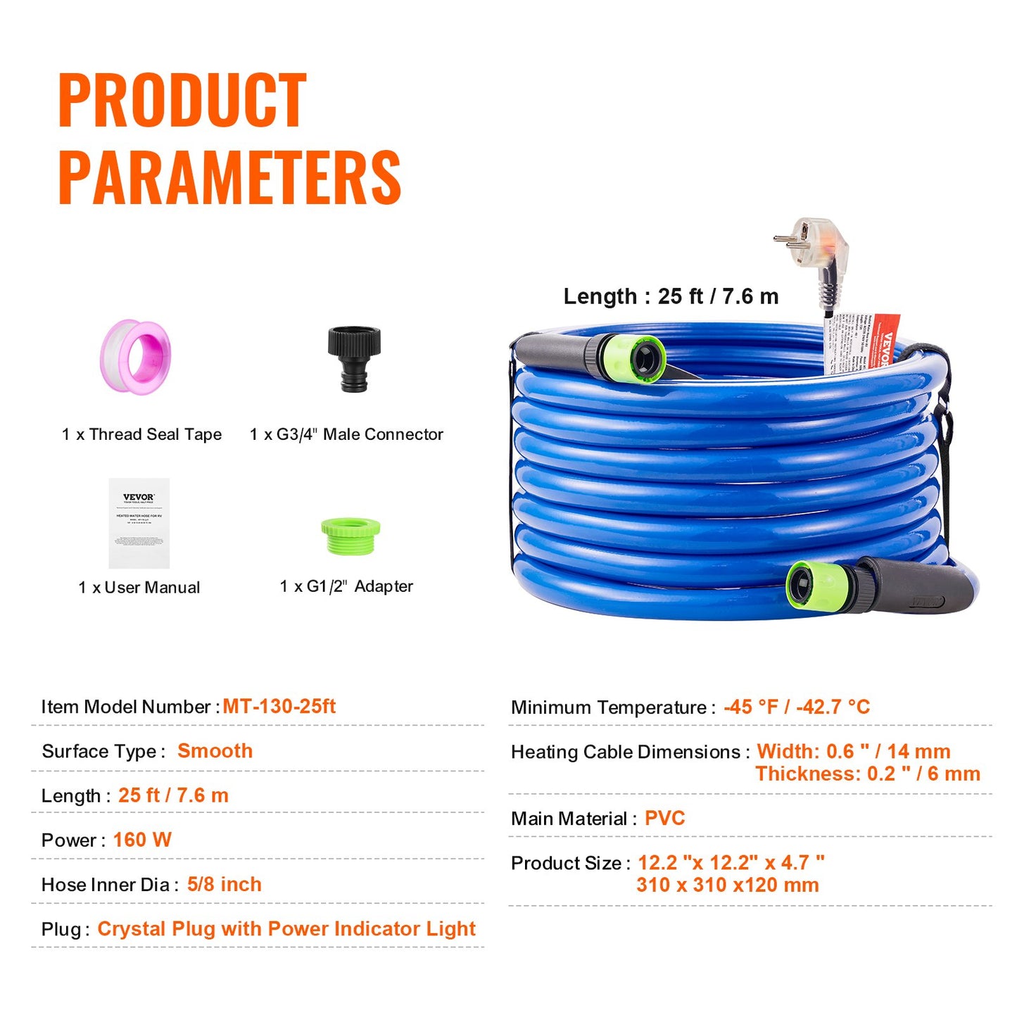 7,5 m uppvärmd vattenslang för husbil, uppvärmd dricksvattenslang med frostskyddsmedel ner till -45°F, automatisk självreglerande, 1,5 mm innerdiameter med snabbkopplingssats, bly- och BPA-fri