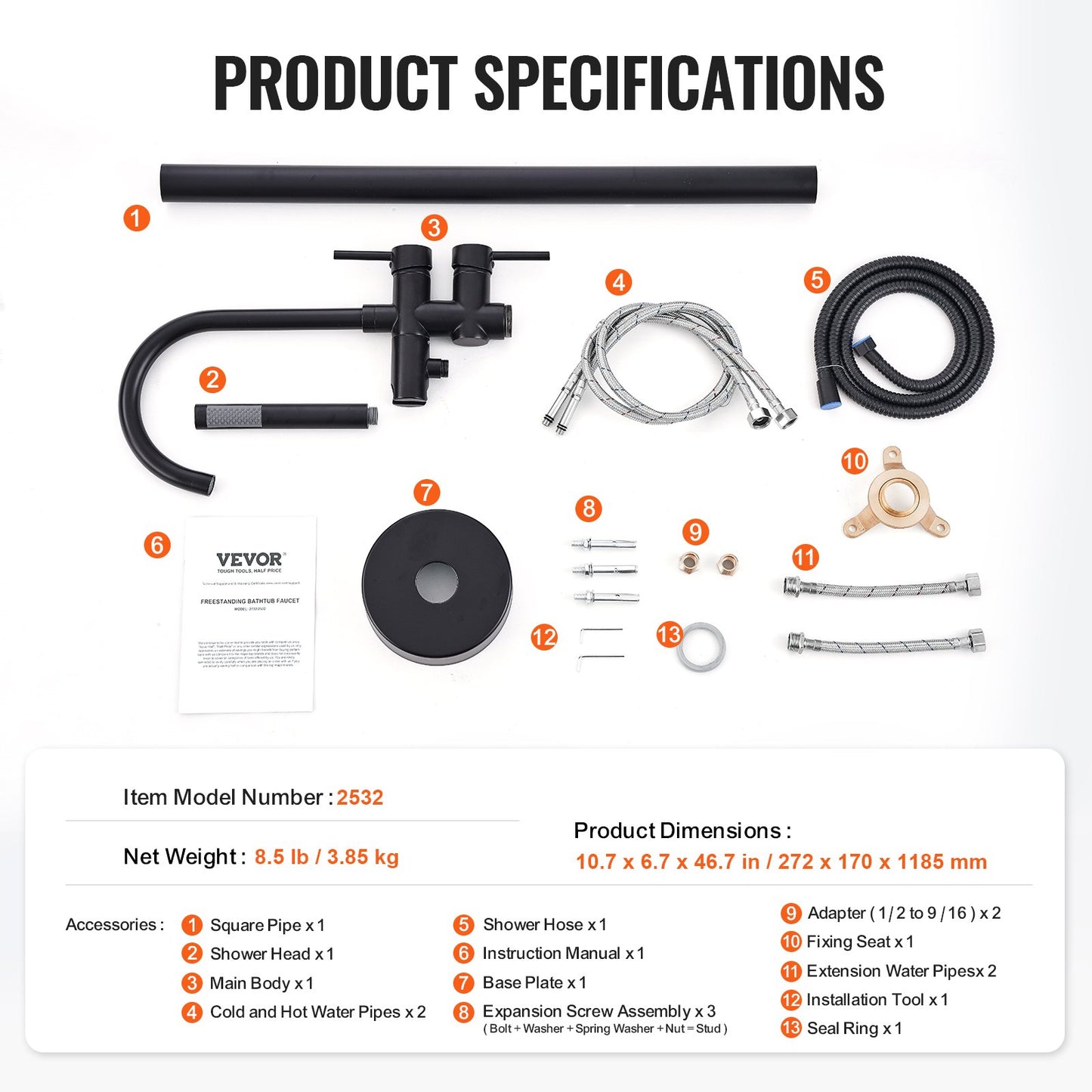 Fristående badkarsblandare, golvmontering, fristående badkarsfyllning, duschblandare, två vattenlägen, 360° svängbar pip, för bad och dusch, husdjursbad, rengöring av avlopp, toalettspolning