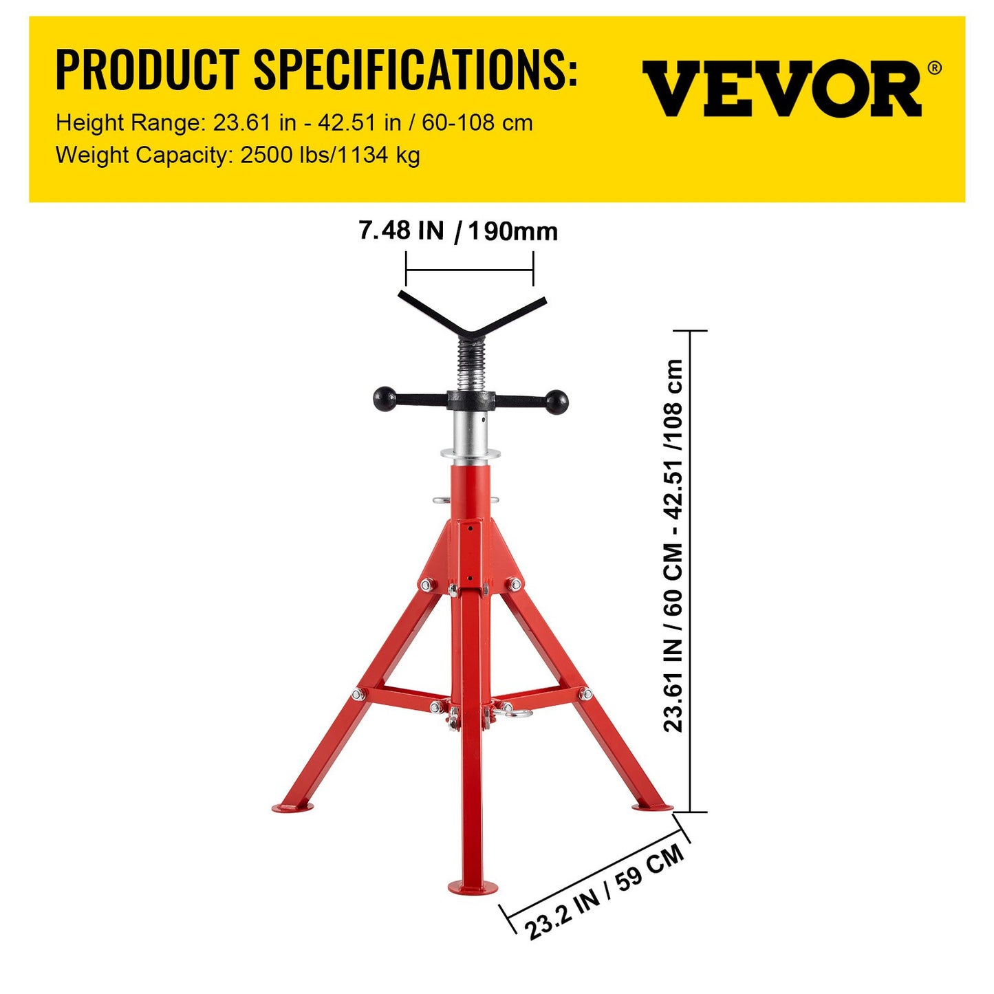 V Head Pipe Stand 1/8"-12" Capacity, Adjustable Height 610mm-1067mm, Pipe Jack Stands 1134kg Load Capacity, Portable Folding Pipe Stands, Carbon Steel Body for Enhanced Durability