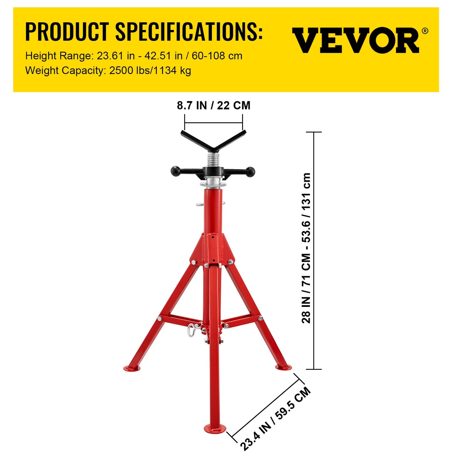 V Head Pipe Stand 0.3-30.5 cm Capacity, Adjustable Height 71.1-132.1 cm, Pipe Jack Stands 1133.9 kg Load Capacity, Portable Folding Pipe Stands, Carbon Steel Body More Durable