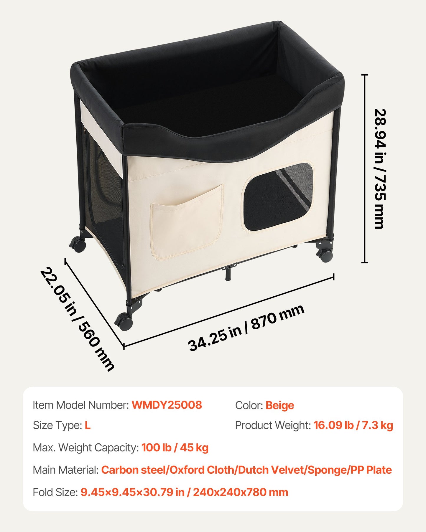 Elevated Lounge Pet Bed, Foldable Bunk Dog Bed with 600D Oxford Cloth and Dutch Velvet, Portable Raised Cot with Wheels, Side Storage Bags, and Carry Bag for Cats & Dogs, L, Beige