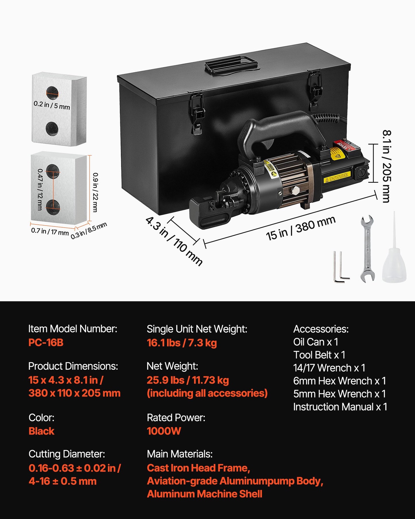Electric Hydraulic Rebar Cutter, 1000W Portable Rebar Cutter, Cutting up to 5/8 Inch (4-16mm) #5 Rebar within 2 Seconds, High Power Steel Rebar Cutter with Oil Can Rich Accessories,Black RC-16