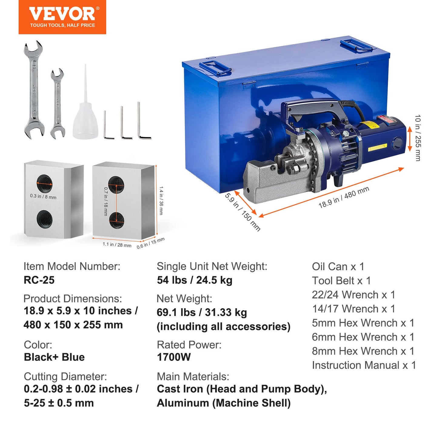 Electric Hydraulic Rebar Cutter, 1700W Portable Rebar Cutter, Cutting up to 1 Inch #8 (5-25mm) Rebar within 4 Seconds, High Power Steel Rebar Cutter w/ Tool Case Oil Can,Black Blue RC-25