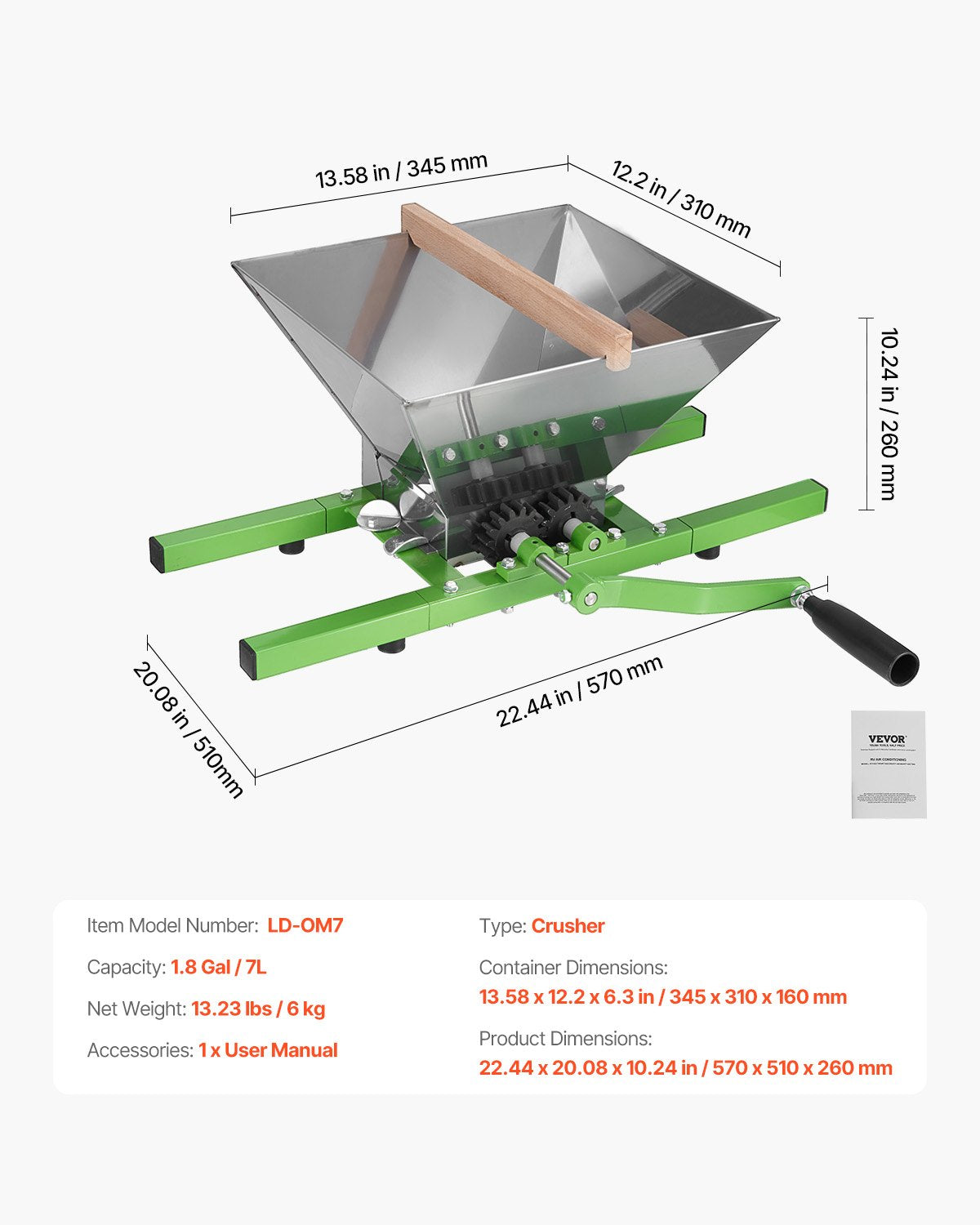 1,8 gal/7 l frukt- och äppelkross, stor manuell kvarn, fruktskrapare i rostfritt stål för pressning av vin, cider, äpple och druvor, med rullhandtag för kök, grön