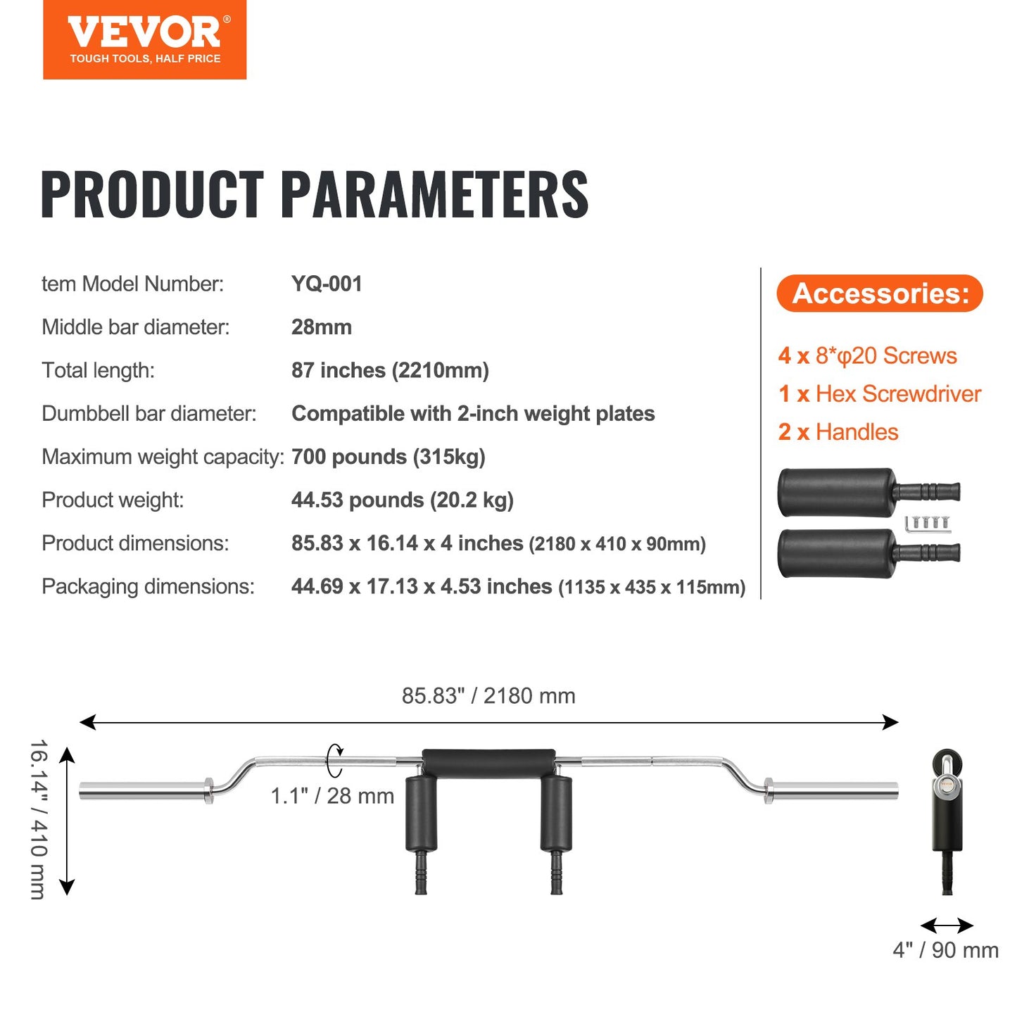 Safety Squat Bar, 700 LBS Fitness Squat Bar, Safety Squat Bar Attachment with Shoulder and Arm Pads, 28mm Diameter Weight Bar, Ideal for Front Squats, Lunges, Rehab, Physical Therapy