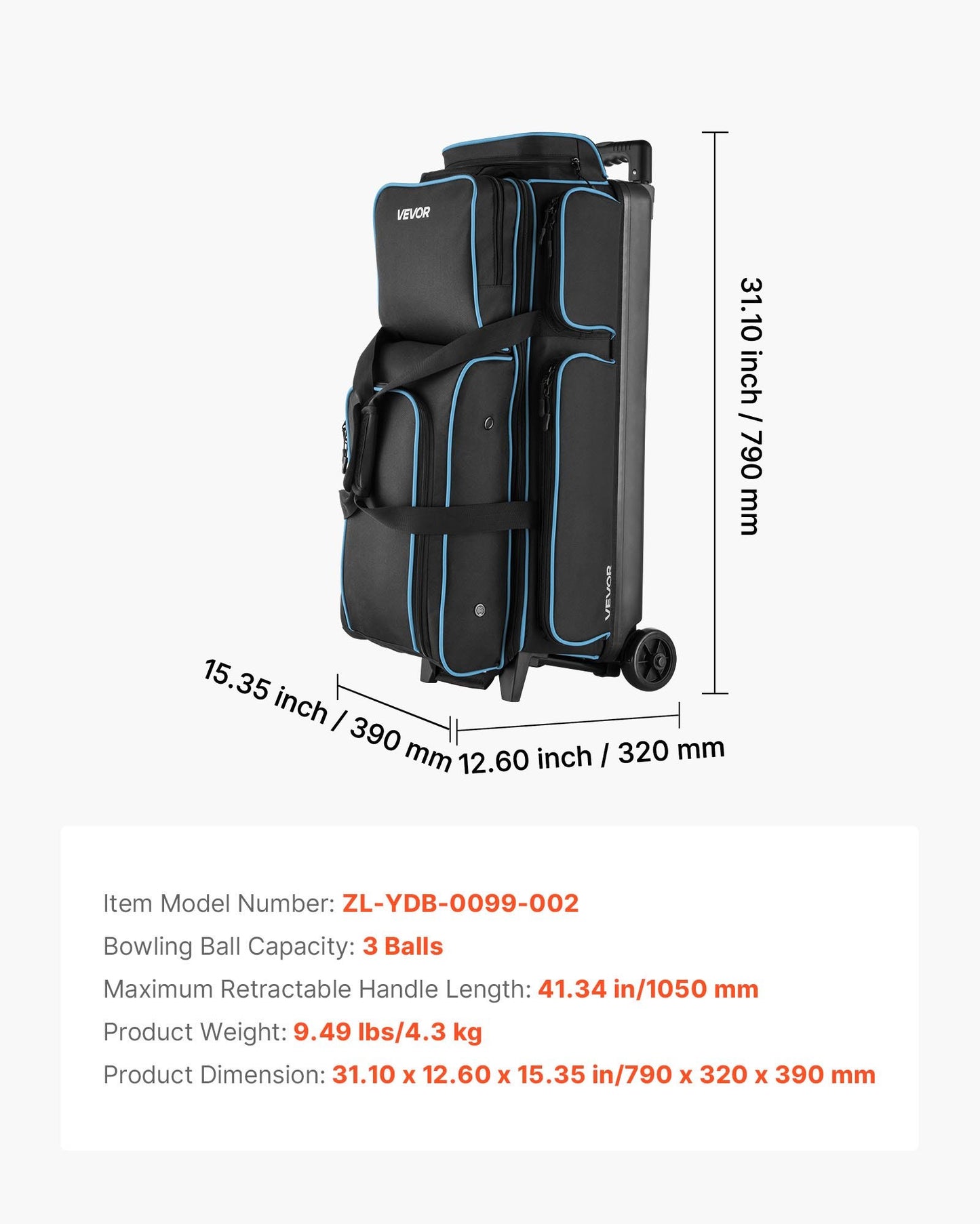 Bowling Ball Bag, 3 Ball Double Roller Bowling Bag with Wheels, Featuring a Separate Compartment for Shoes (Up To US Size 16) & Oversized Accessory Pocket, Retractable Handle Extends to 1050 mm