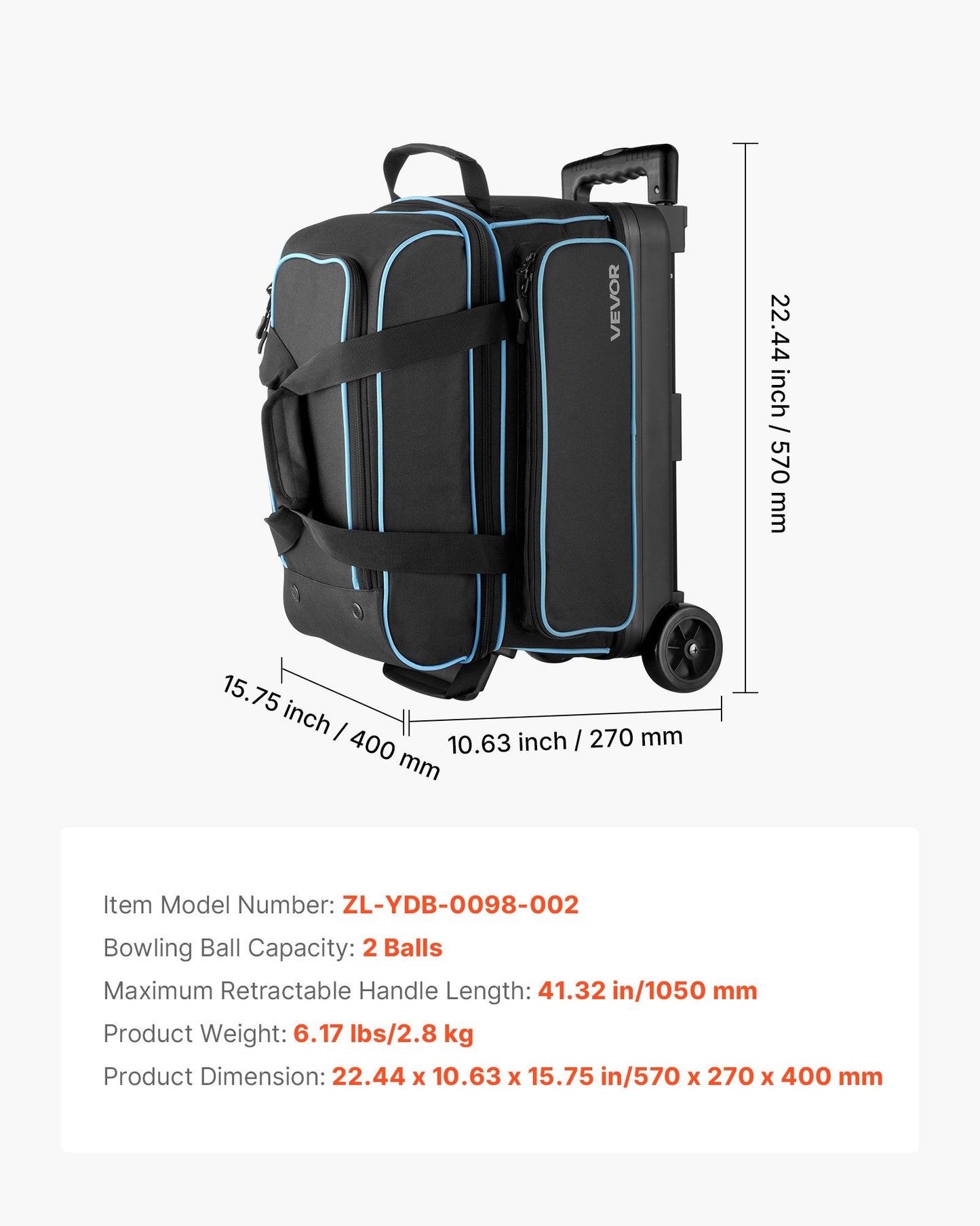 Bowling Ball Bag, 2 Ball Double Roller Bowling Bag with Wheels, Featuring a Separate Compartment for Shoes (Up To US Size 16) & Oversized Accessory Pocket, Retractable Handle Extends to 1050 mm