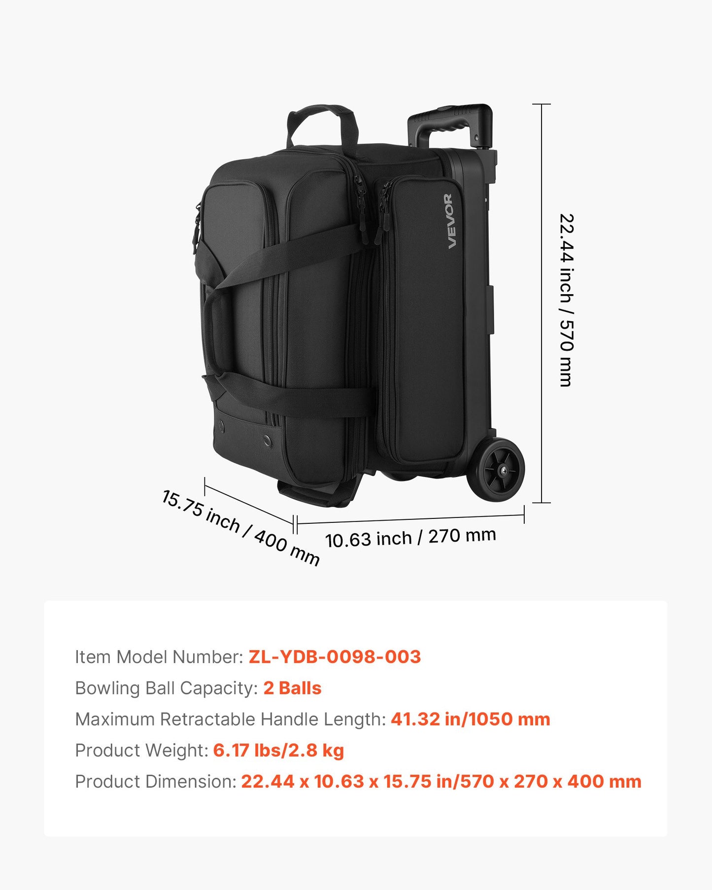 Bowlingväska, bowlingväska för 2 bollar med dubbla hjul, separat fack för skor (upp till US-storlek 16) och extra stor tillbehörsficka, utdragbart handtag som kan förlängas till 1050 mm
