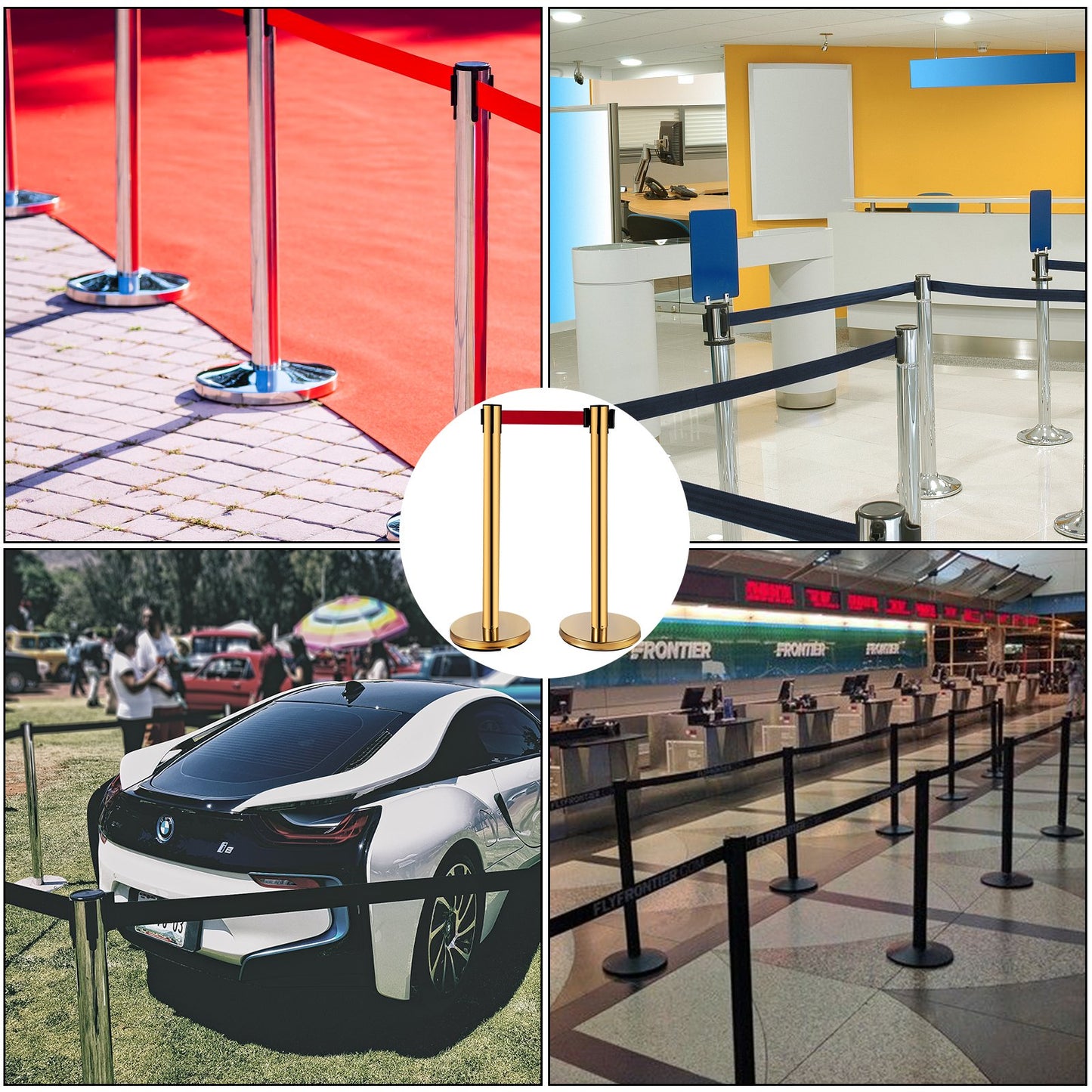 Stanchion Post Barriers 4-Set Line Dividers, Stainless Steel Stanchions with 6.6 Red Retractable Belts, Stanchions with One Sign Frame, 34.6 Queue Safety Stanchions (Gold)