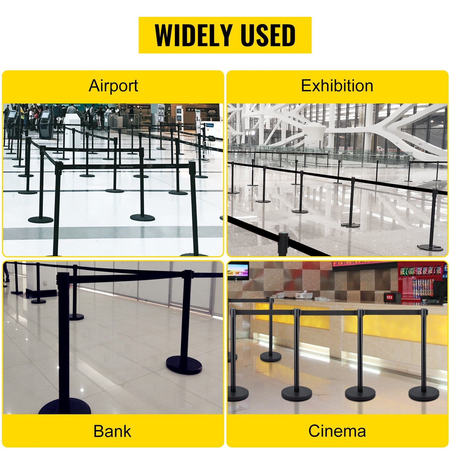 Crowd Control Stanchion, Set of 4 Pieces Stanchion Set, Stanchion Set with 6.6 ft/2 m Black Retractable Belt, Black Crowd Control Barrier with Concrete and Metal Base – Easy Connect Assembly