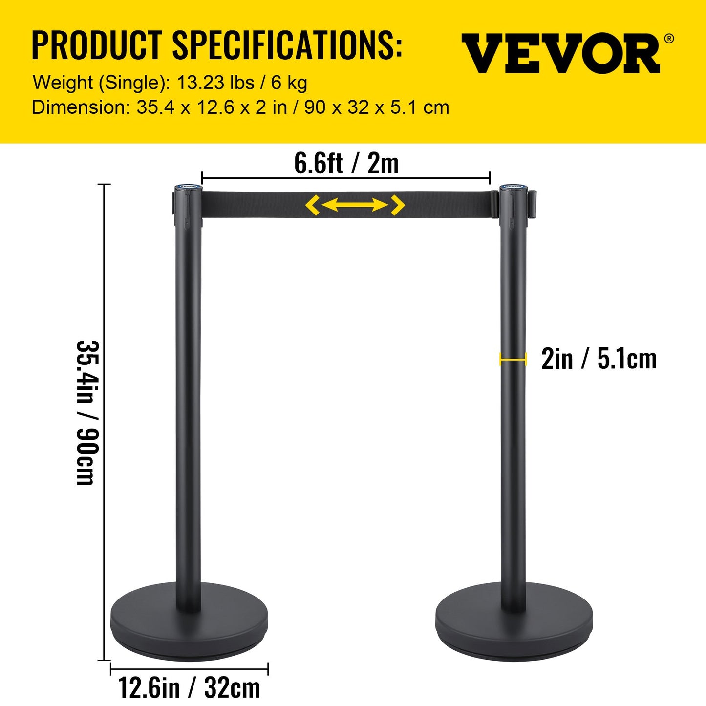 Crowd Control Stanchion, Set of 6 Pieces Stanchion Set, Stanchion Set with 6.6 ft/2 m Black Retractable Belt, Black Crowd Control Barrier with Concrete and Metal Base – Easy Connect Assembly