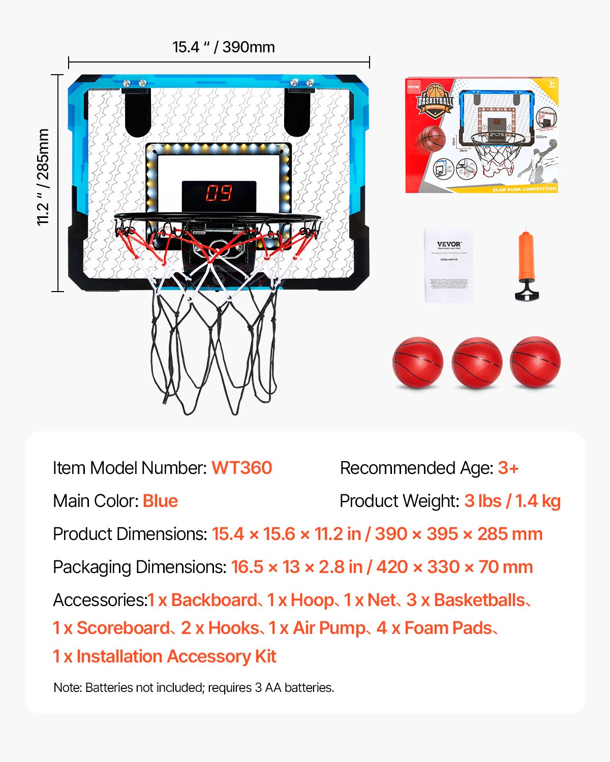 Kids Basketball Hoop, Mini Basketball Goal with Electronic Scoreboard, Over The Door Basketball Hoop with Scoring & Music Accompaniment Functions, LED Light, Indoor Basketball Hoop for Kids 3+