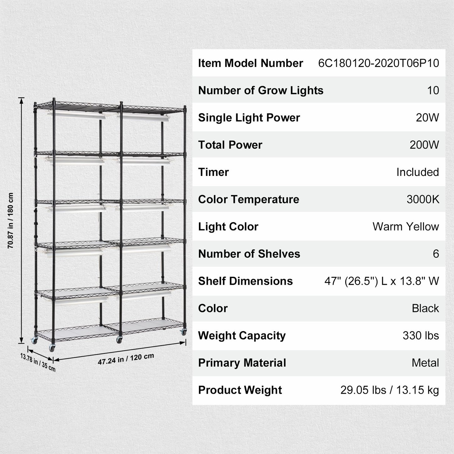 Plant Stand with Grow Light, 6 Tiers, 200W Indoor Grow Light Shelf Full Spectrum Lights Metal Plant Shelf with Timer Garden Plant Grow Rack for Seed Starting 35.4" L x 13.8" W x 59.1" H