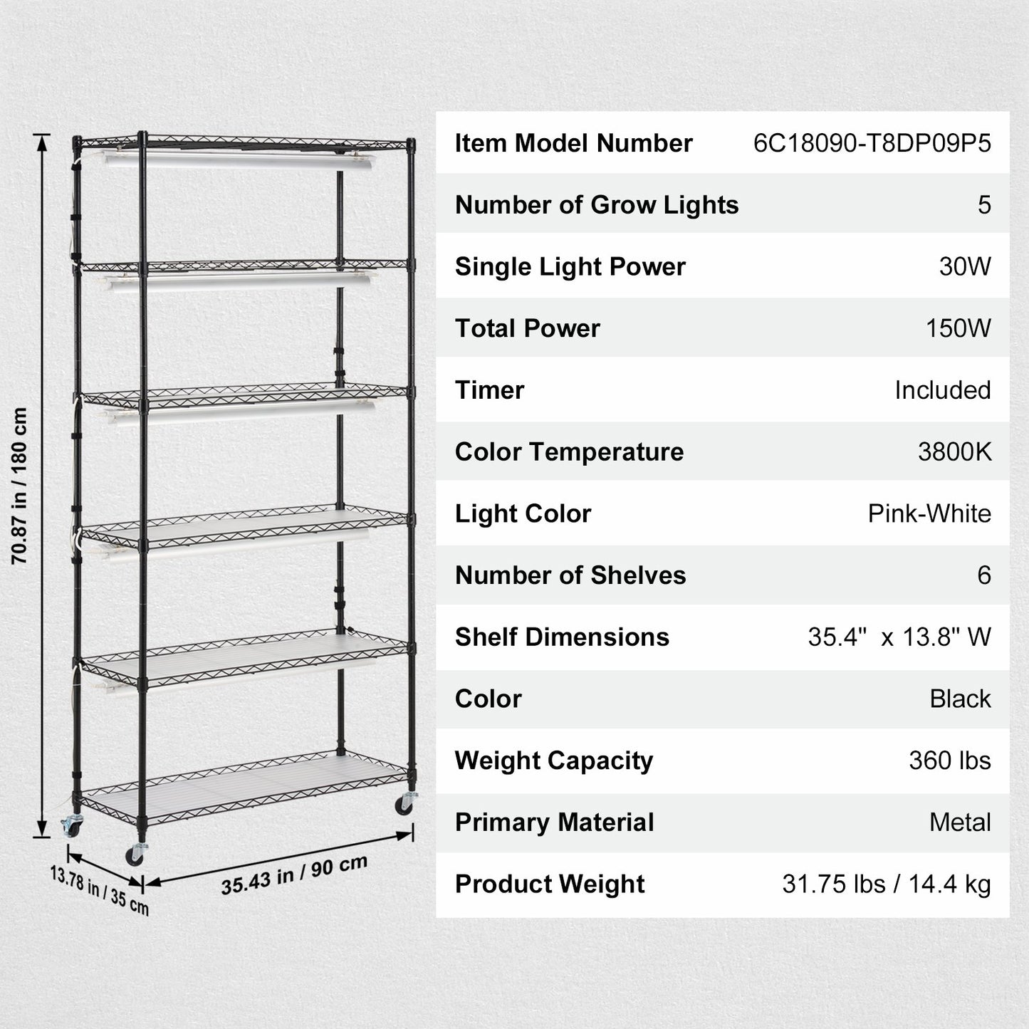 Plant Stand with Grow Light, 6 Tiers, 150W Indoor Grow Light Shelf 3 Spectrum Lights Modes Metal Plant Shelf with Timer Garden Plant Grow Rack for Seed Starting 35.4" L x 13.8" W x 70.9" H